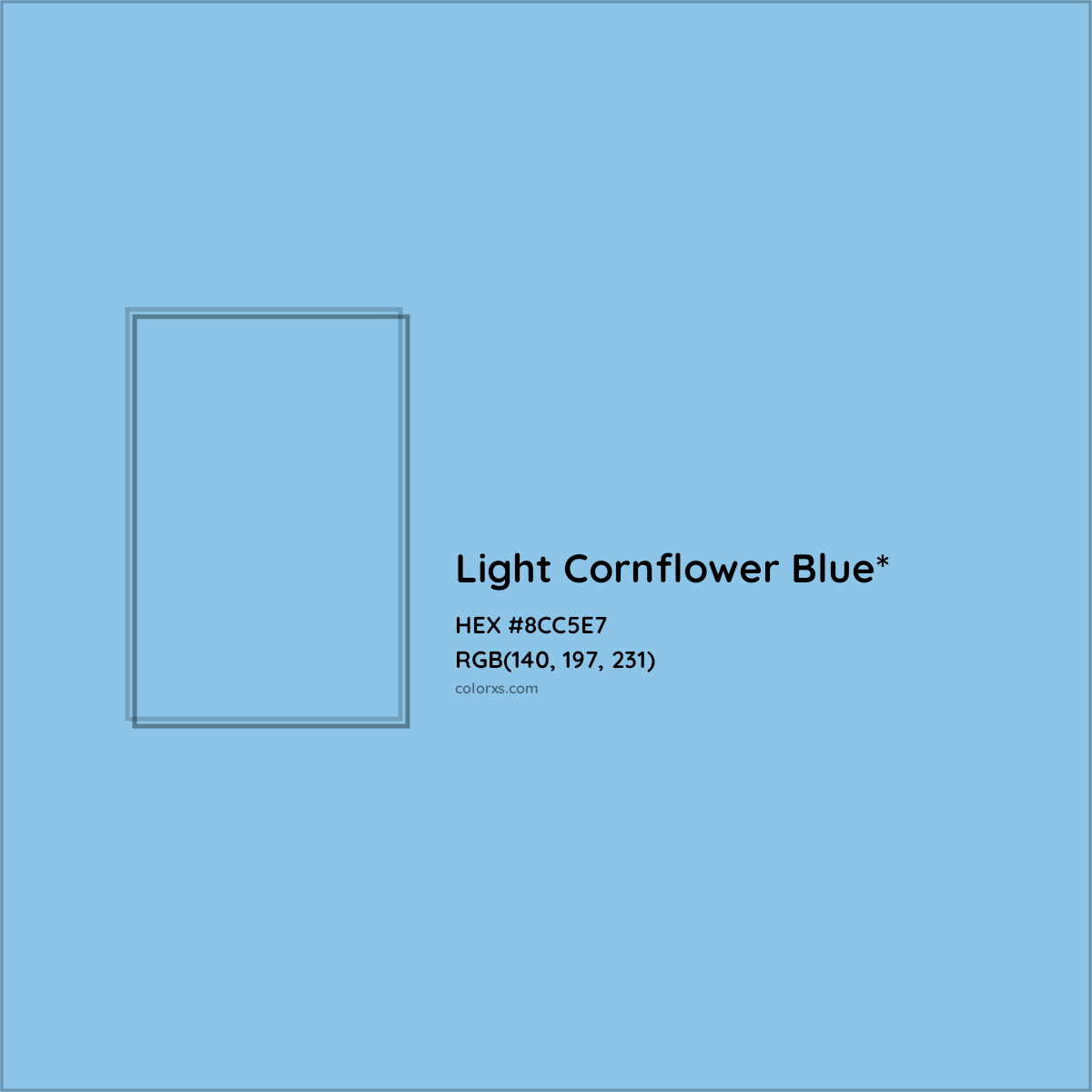 #8CC5E7 hex color. RGB, RYB, CMYK, HSL, HSV codes and color conversions. Matching color names, palettes, paints.
