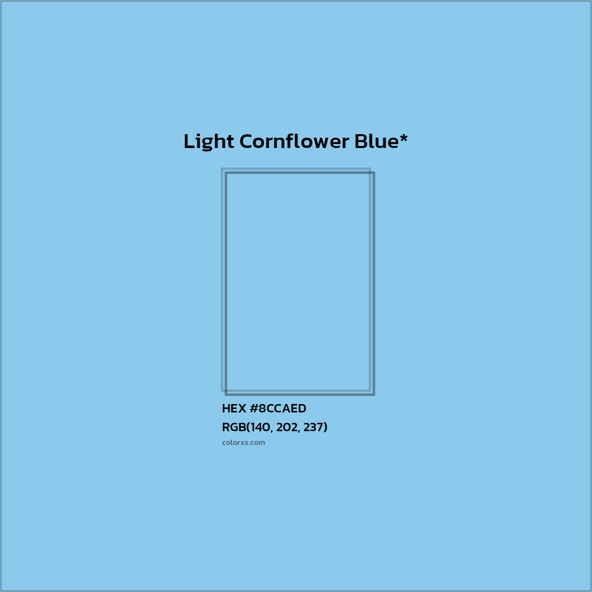 #8CCAED hex color. RGB, RYB, CMYK, HSL, HSV codes and color conversions. Matching color names, palettes, paints.