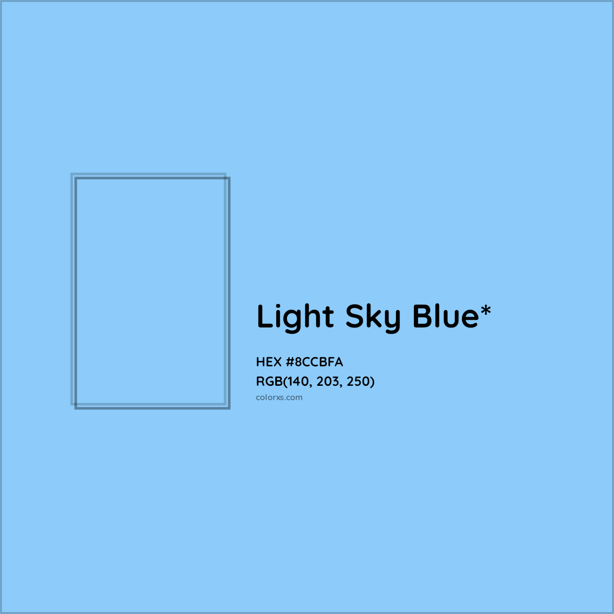 #8CCBFA hex color. RGB, RYB, CMYK, HSL, HSV codes and color conversions. Matching color names, palettes, paints.