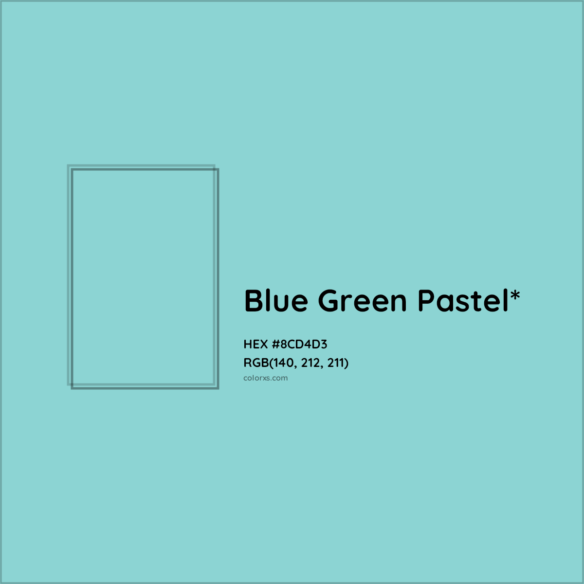 #8CD4D3 hex color. RGB, RYB, CMYK, HSL, HSV codes and color conversions. Matching color names, palettes, paints.