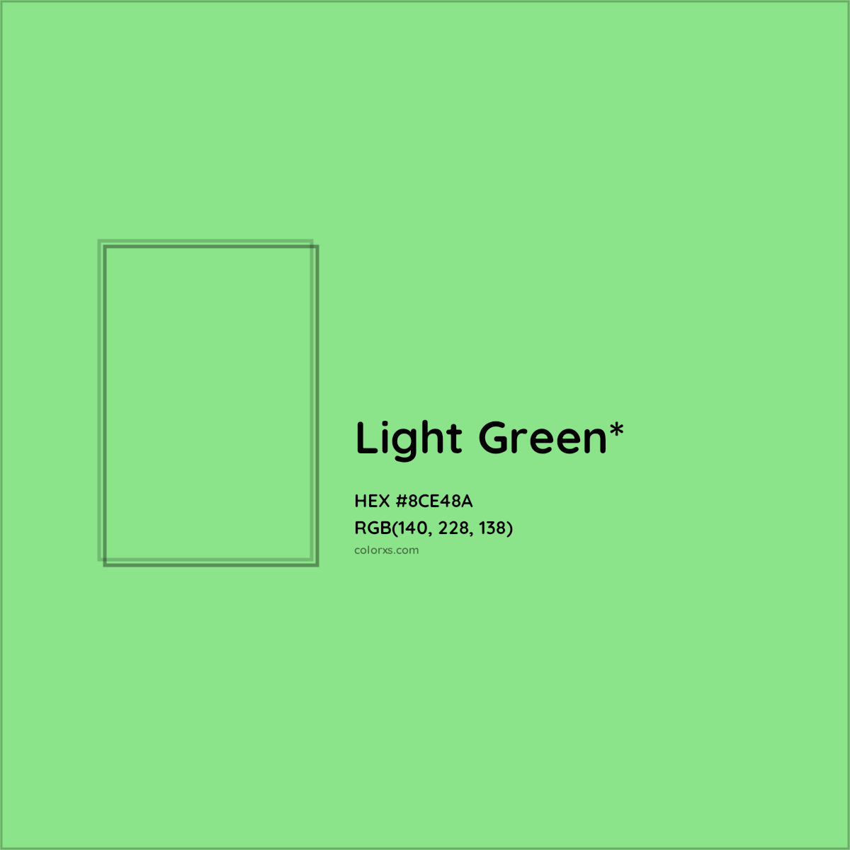 #8CE48A hex color. RGB, RYB, CMYK, HSL, HSV codes and color conversions. Matching color names, palettes, paints.