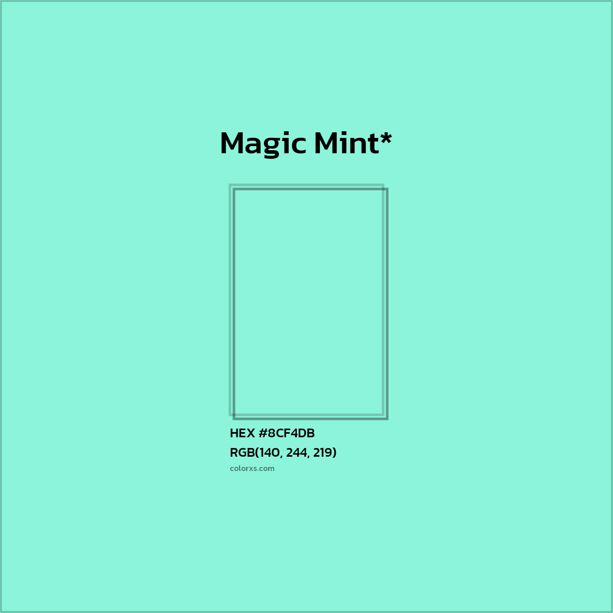 #8CF4DB hex color. RGB, RYB, CMYK, HSL, HSV codes and color conversions. Matching color names, palettes, paints.