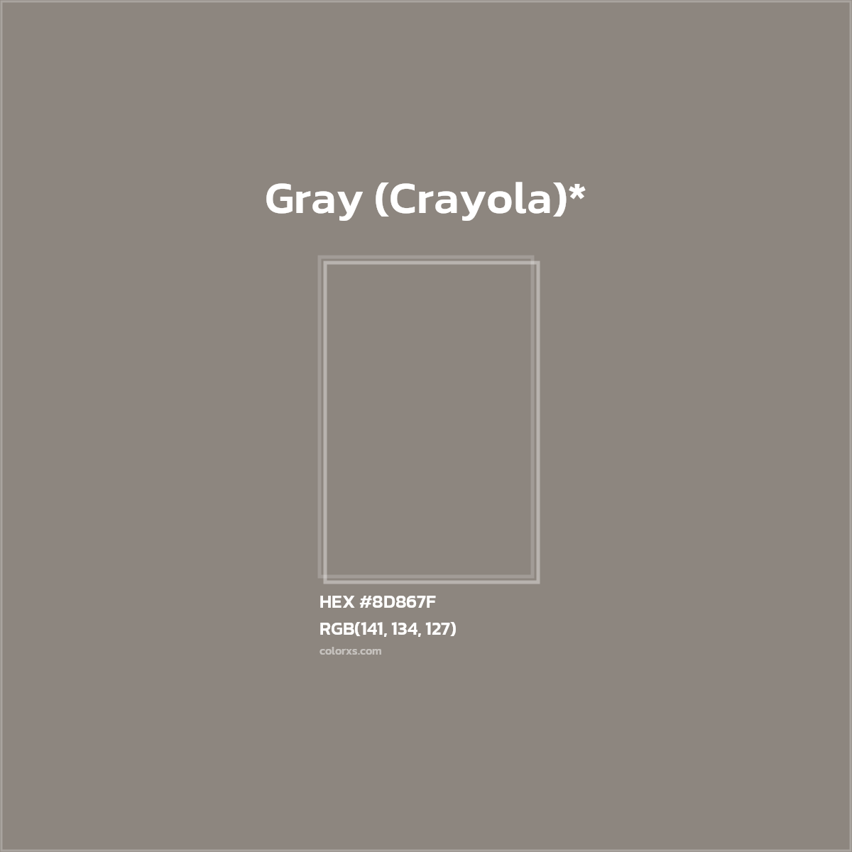 #8D867F hex color. RGB, RYB, CMYK, HSL, HSV codes and color conversions. Matching color names, palettes, paints.
