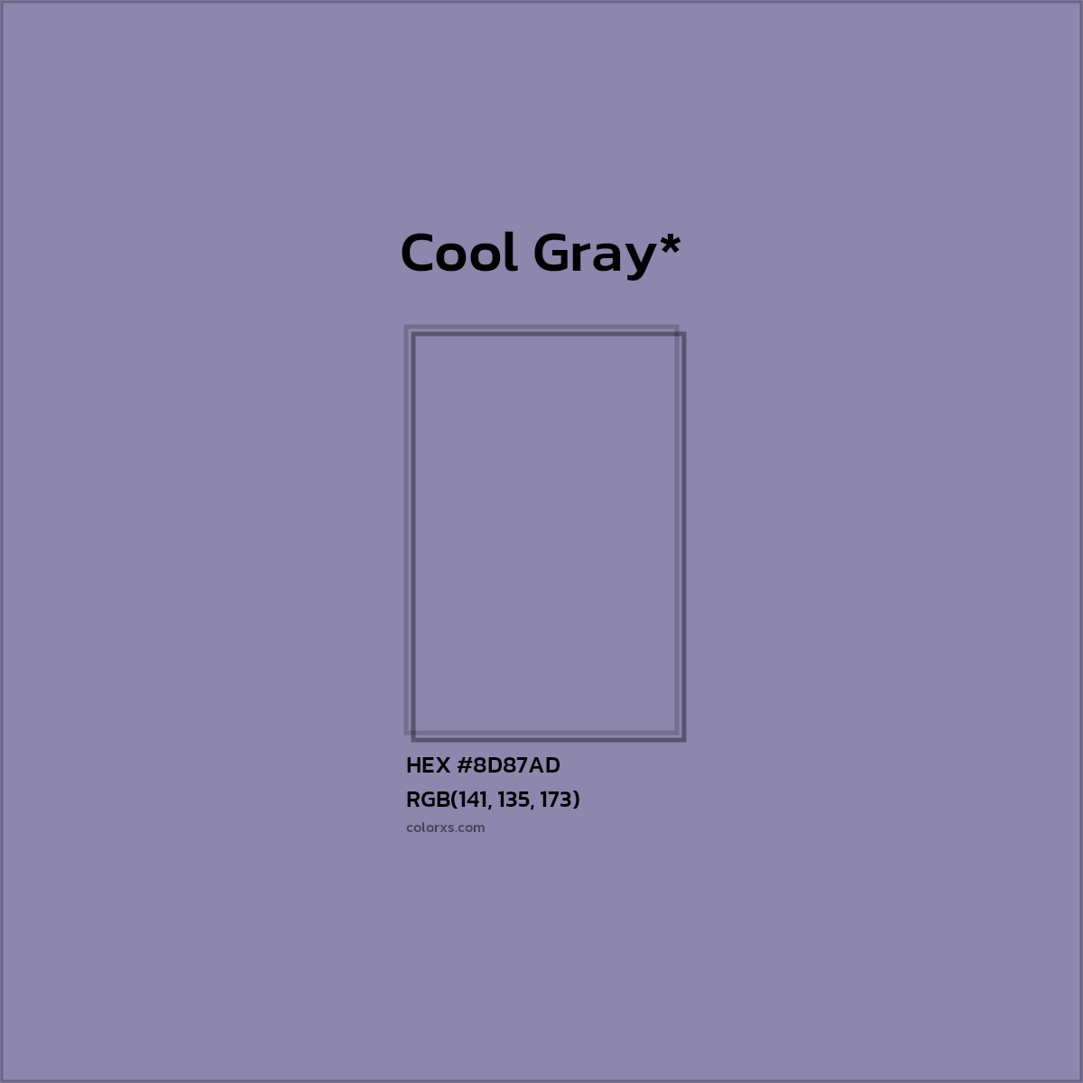 #8D87AD hex color. RGB, RYB, CMYK, HSL, HSV codes and color conversions. Matching color names, palettes, paints.