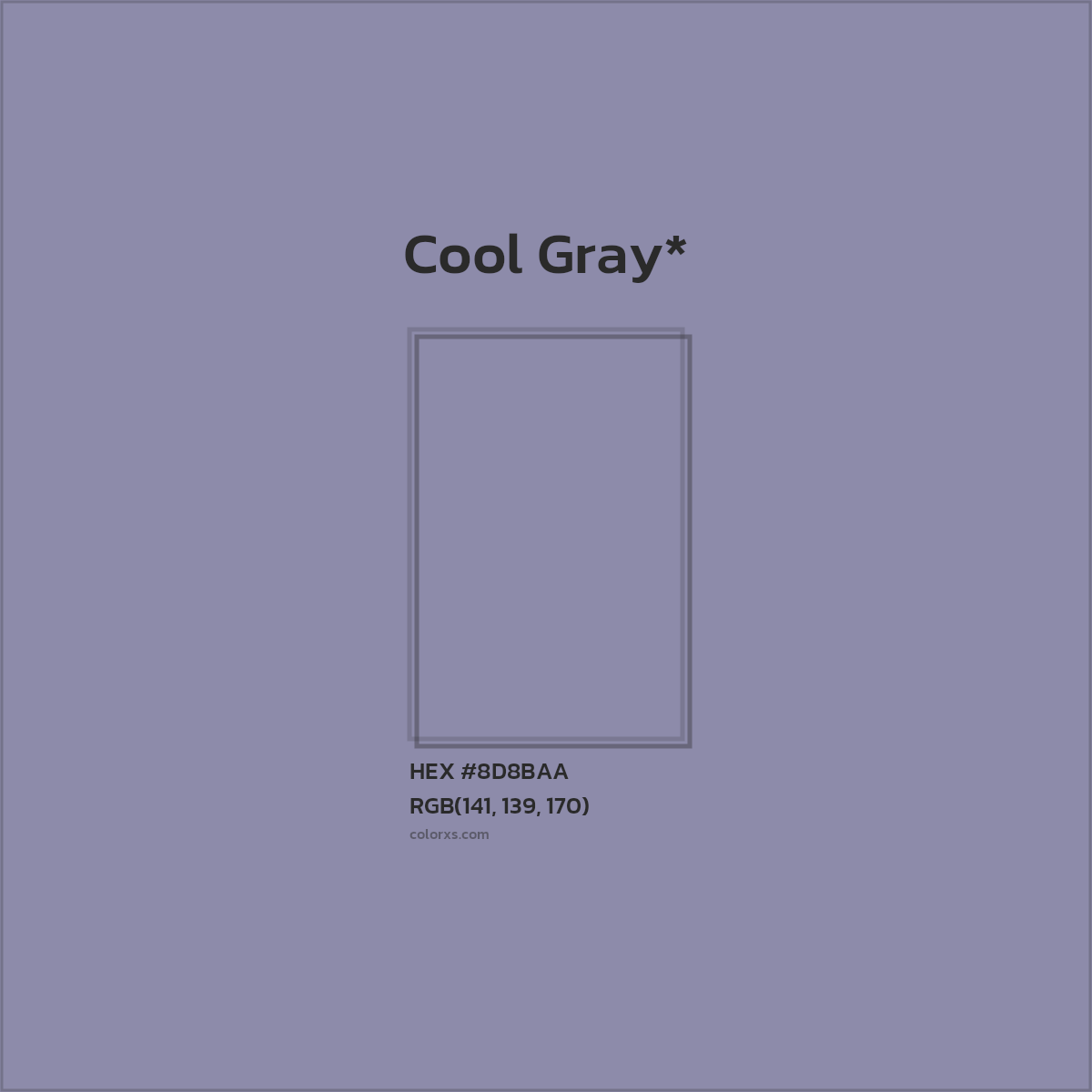 #8D8BAA hex color. RGB, RYB, CMYK, HSL, HSV codes and color conversions. Matching color names, palettes, paints.