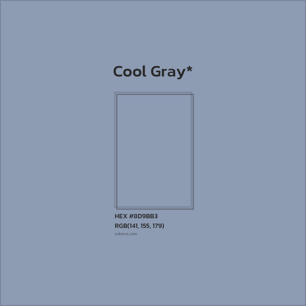 #8D9BB3 hex color. RGB, RYB, CMYK, HSL, HSV codes and color conversions. Matching color names, palettes, paints.