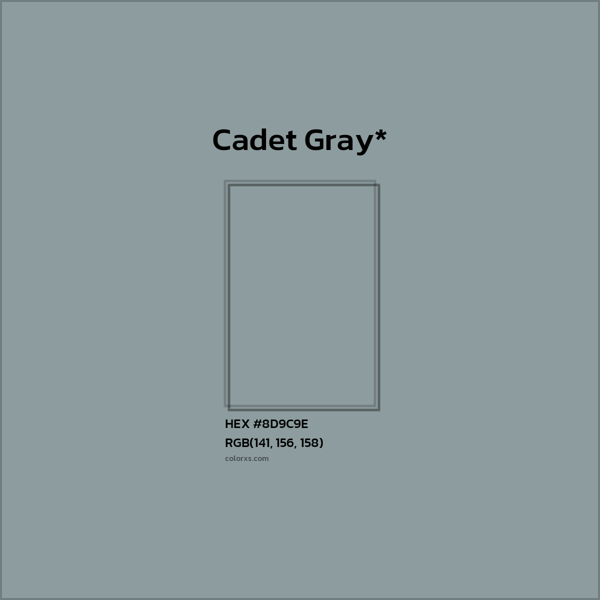 #8D9C9E hex color. RGB, RYB, CMYK, HSL, HSV codes and color conversions. Matching color names, palettes, paints.