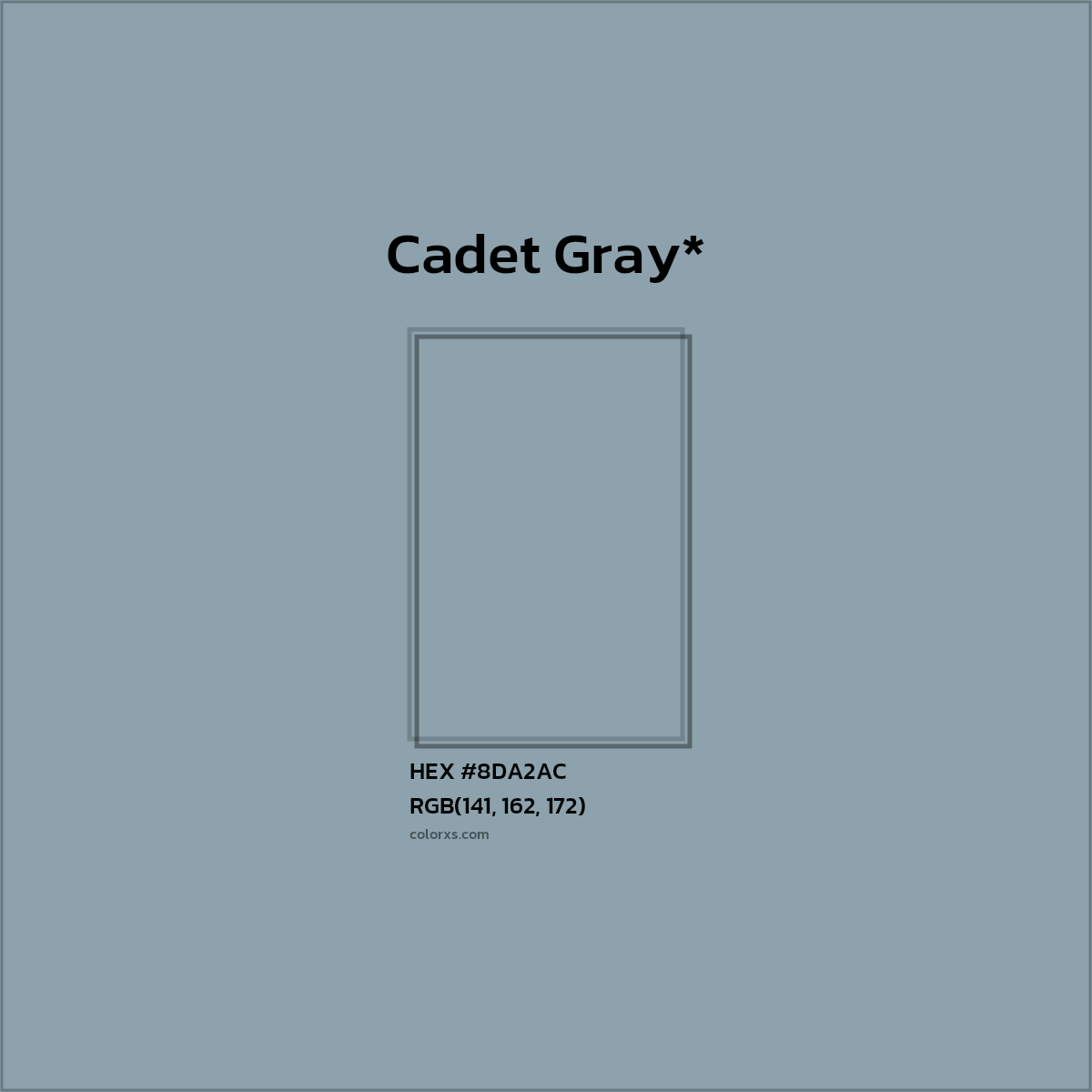 #8DA2AC hex color. RGB, RYB, CMYK, HSL, HSV codes and color conversions. Matching color names, palettes, paints.