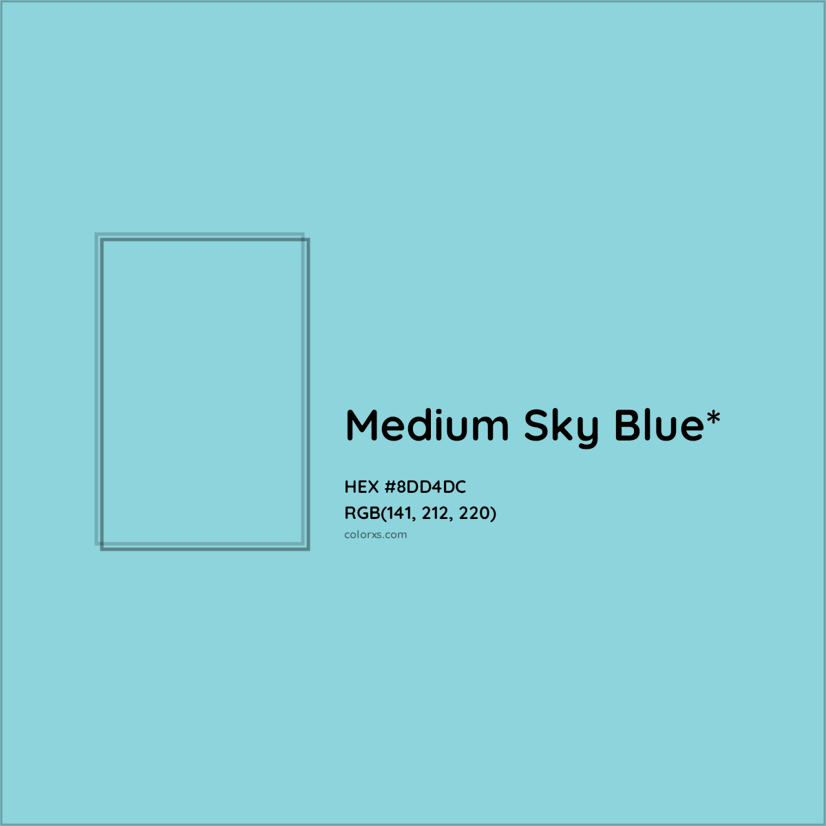 #8DD4DC hex color. RGB, RYB, CMYK, HSL, HSV codes and color conversions. Matching color names, palettes, paints.