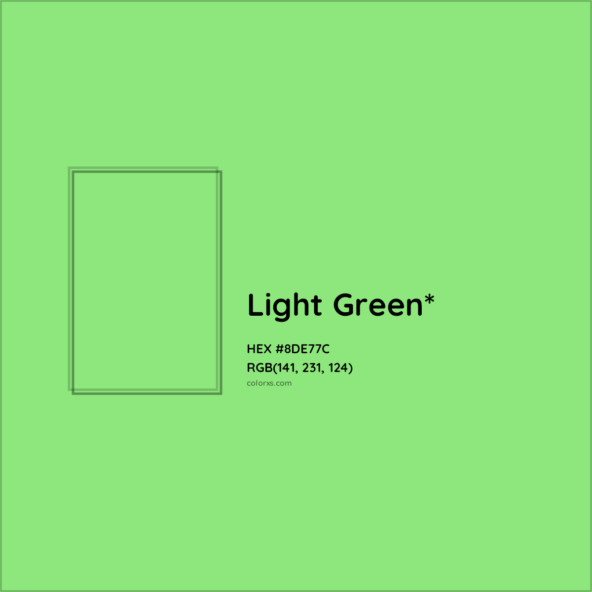 #8DE77C hex color. RGB, RYB, CMYK, HSL, HSV codes and color conversions. Matching color names, palettes, paints.