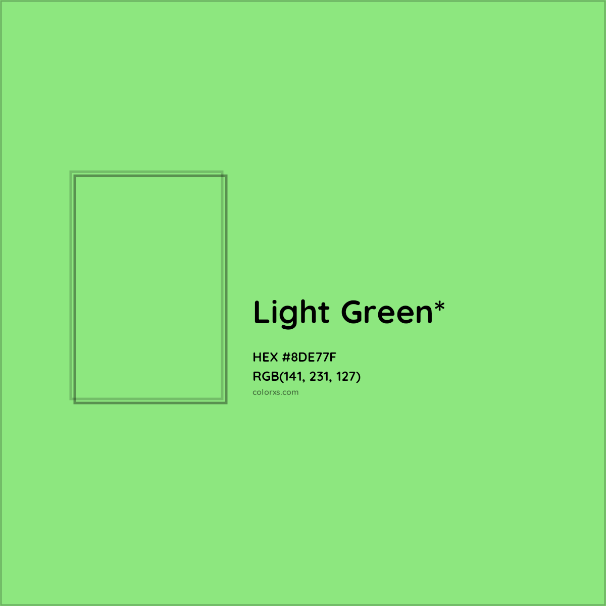 #8DE77F hex color. RGB, RYB, CMYK, HSL, HSV codes and color conversions. Matching color names, palettes, paints.