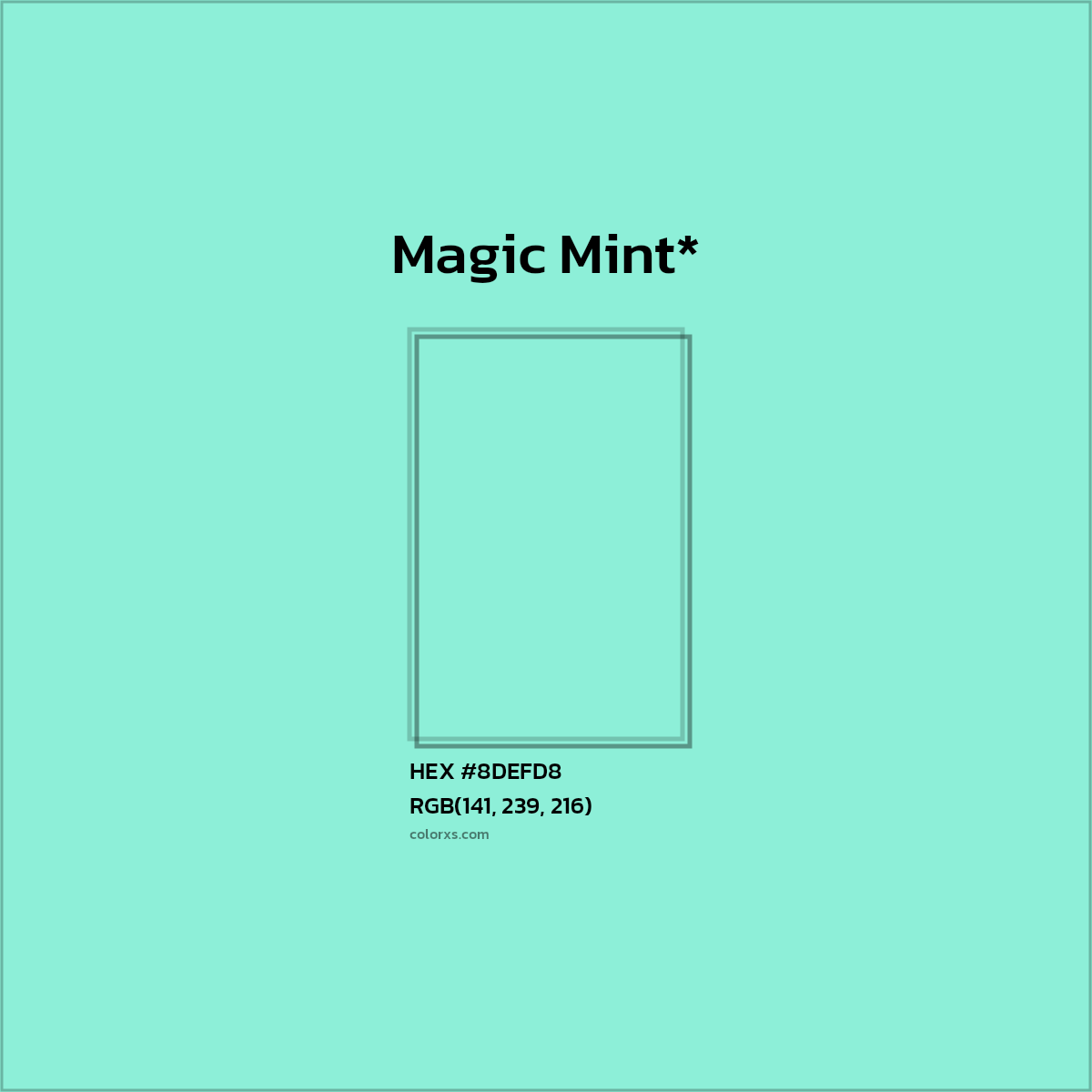 #8DEFD8 hex color. RGB, RYB, CMYK, HSL, HSV codes and color conversions. Matching color names, palettes, paints.