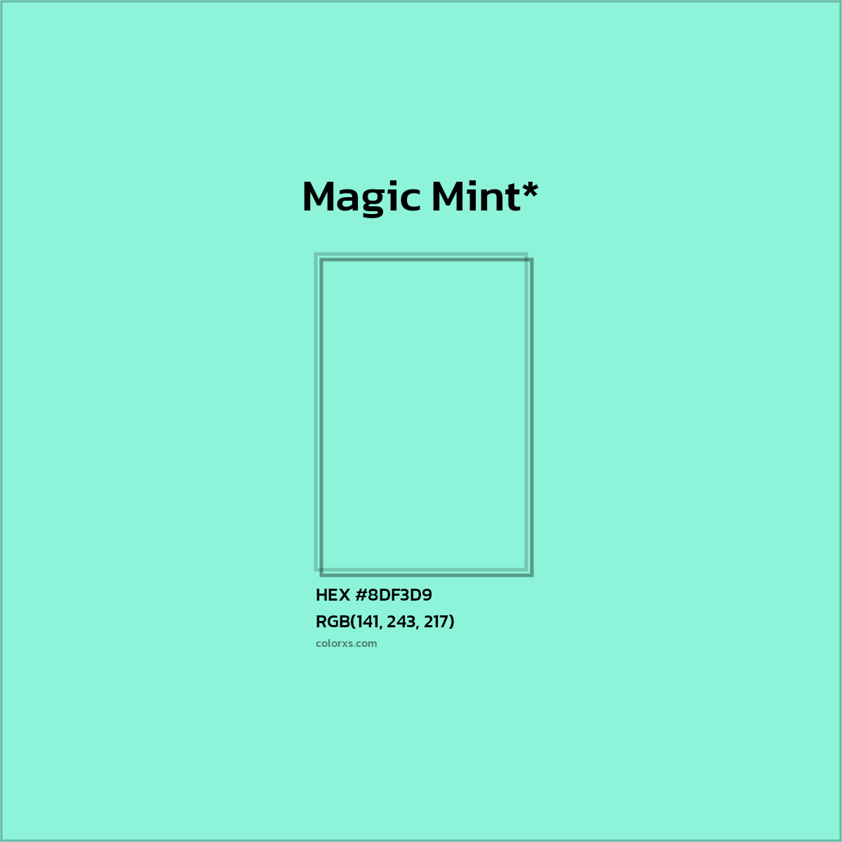 #8DF3D9 hex color. RGB, RYB, CMYK, HSL, HSV codes and color conversions. Matching color names, palettes, paints.