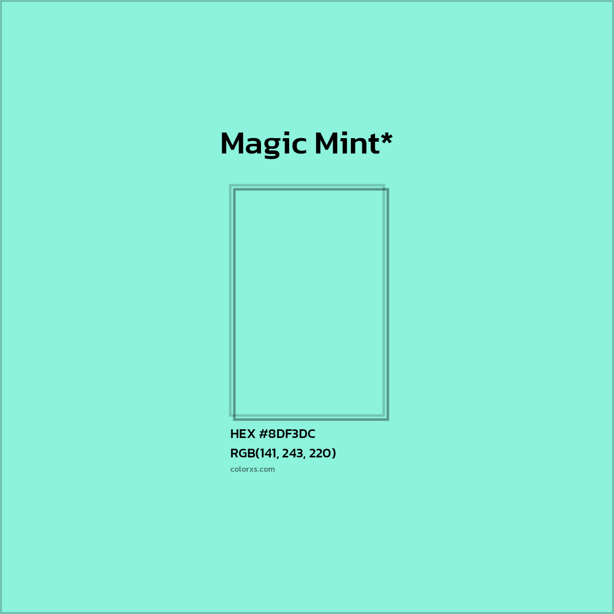 #8DF3DC hex color. RGB, RYB, CMYK, HSL, HSV codes and color conversions. Matching color names, palettes, paints.