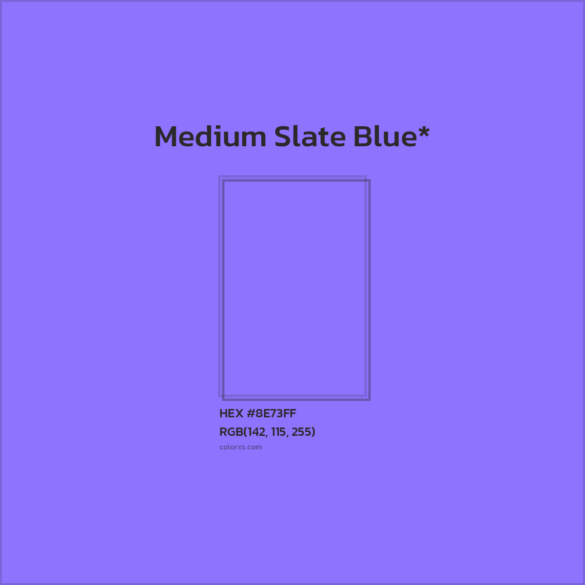 #8E73FF hex color. RGB, RYB, CMYK, HSL, HSV codes and color conversions. Matching color names, palettes, paints.