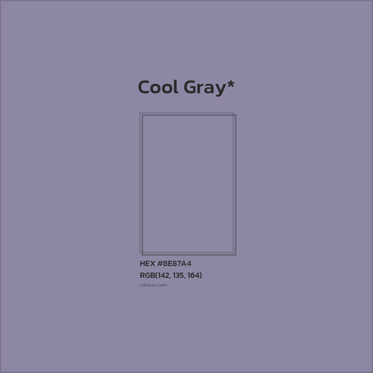 #8E87A4 hex color. RGB, RYB, CMYK, HSL, HSV codes and color conversions. Matching color names, palettes, paints.
