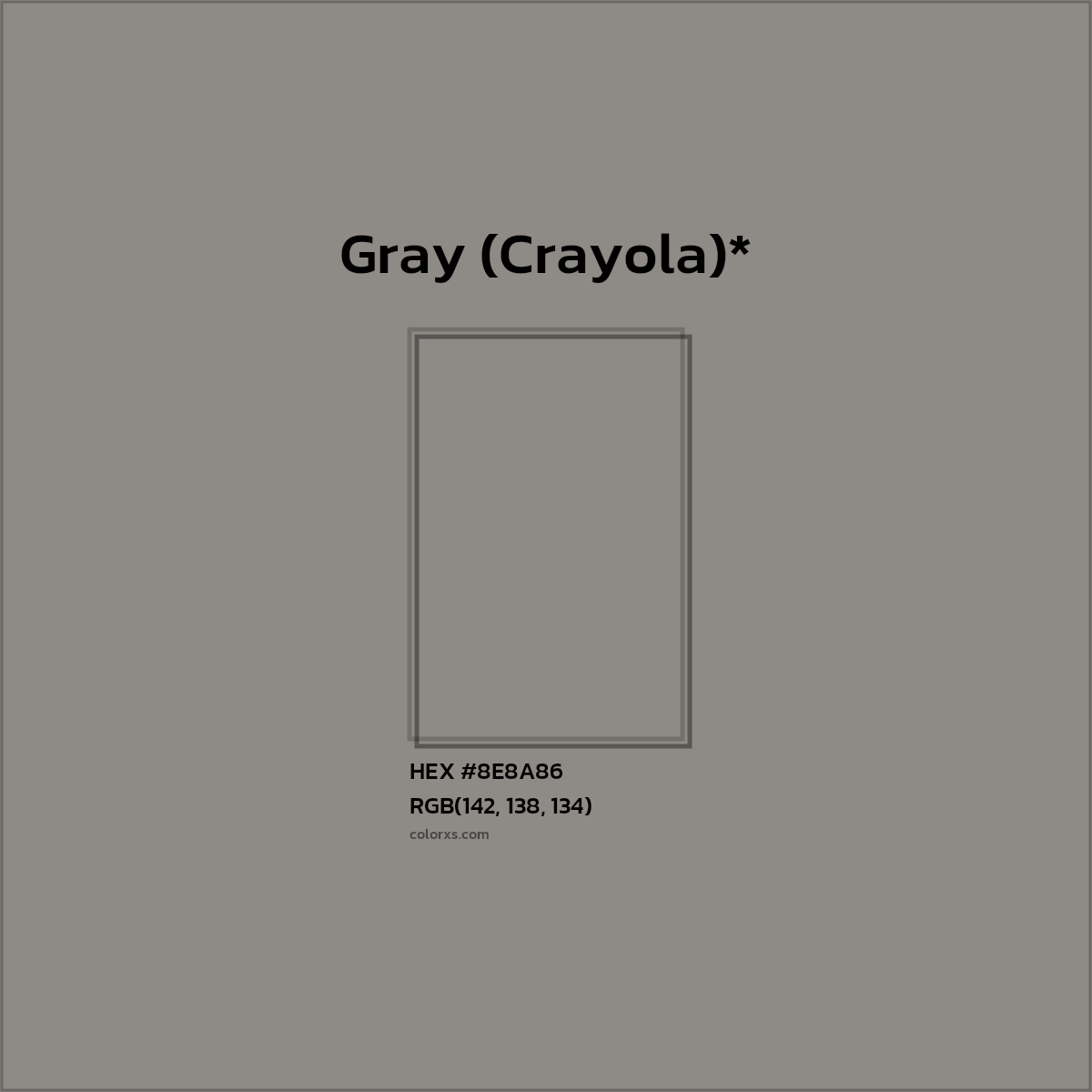 #8E8A86 hex color. RGB, RYB, CMYK, HSL, HSV codes and color conversions. Matching color names, palettes, paints.