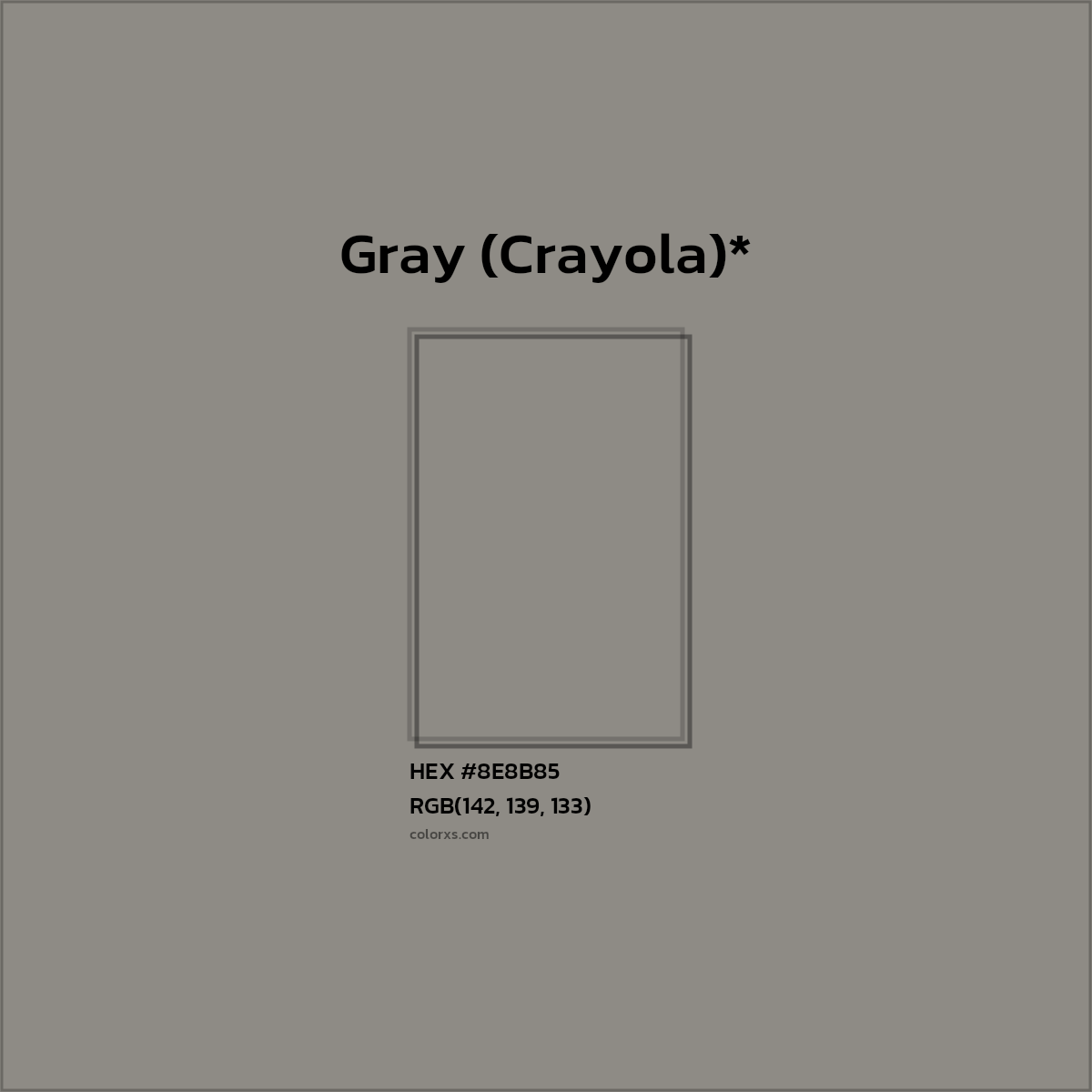 #8E8B85 hex color. RGB, RYB, CMYK, HSL, HSV codes and color conversions. Matching color names, palettes, paints.