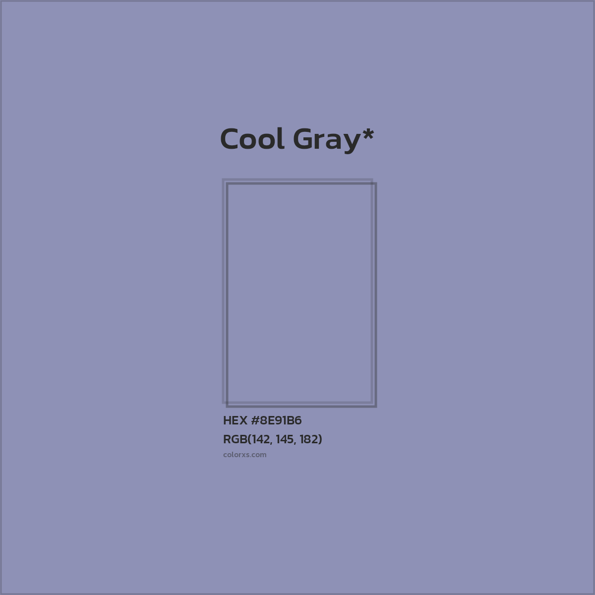 #8E91B6 hex color. RGB, RYB, CMYK, HSL, HSV codes and color conversions. Matching color names, palettes, paints.