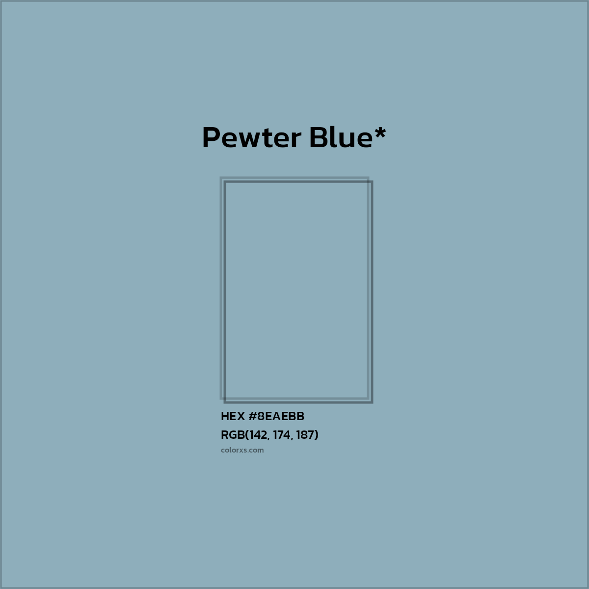 #8EAEBB hex color. RGB, RYB, CMYK, HSL, HSV codes and color conversions. Matching color names, palettes, paints.