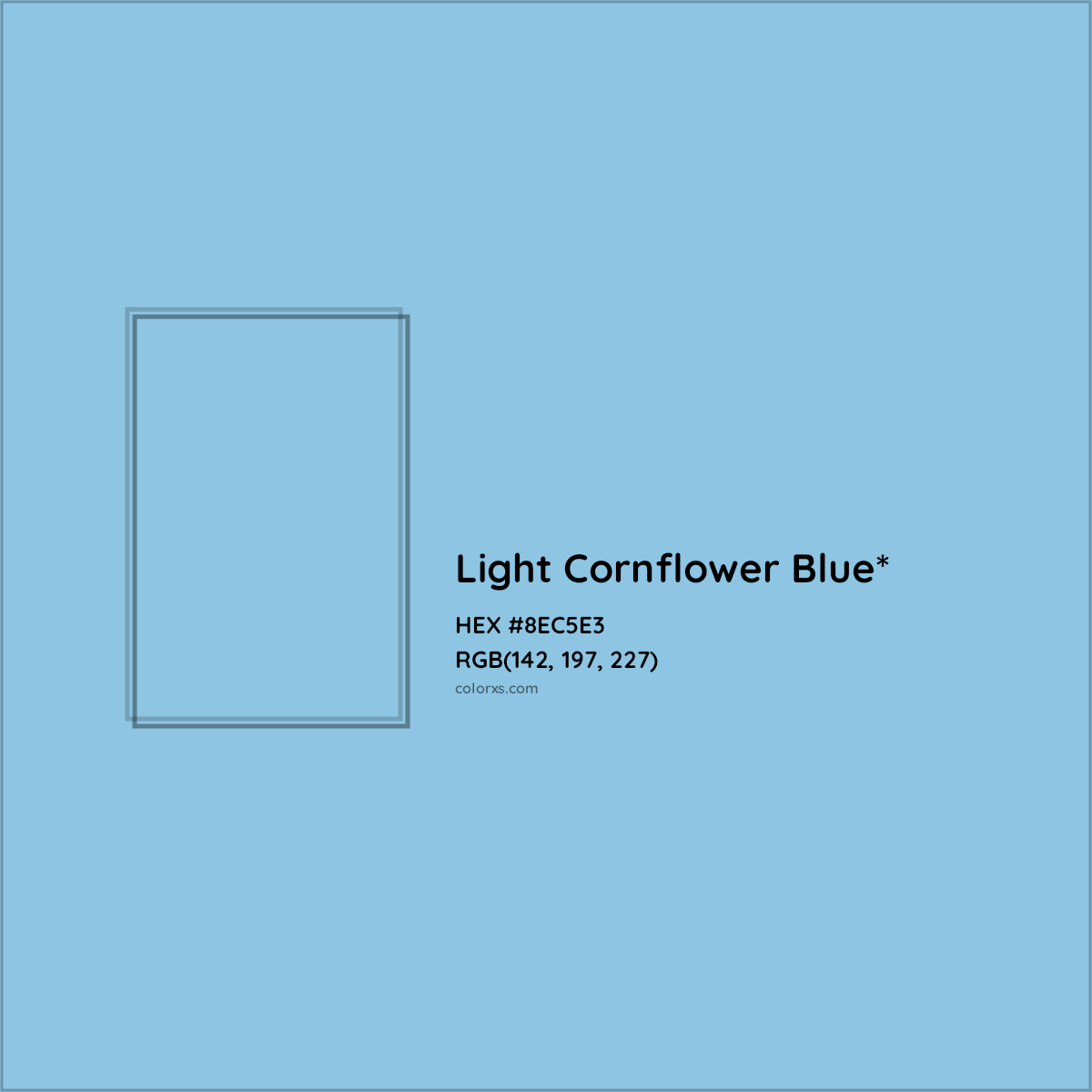 #8EC5E3 hex color. RGB, RYB, CMYK, HSL, HSV codes and color conversions. Matching color names, palettes, paints.