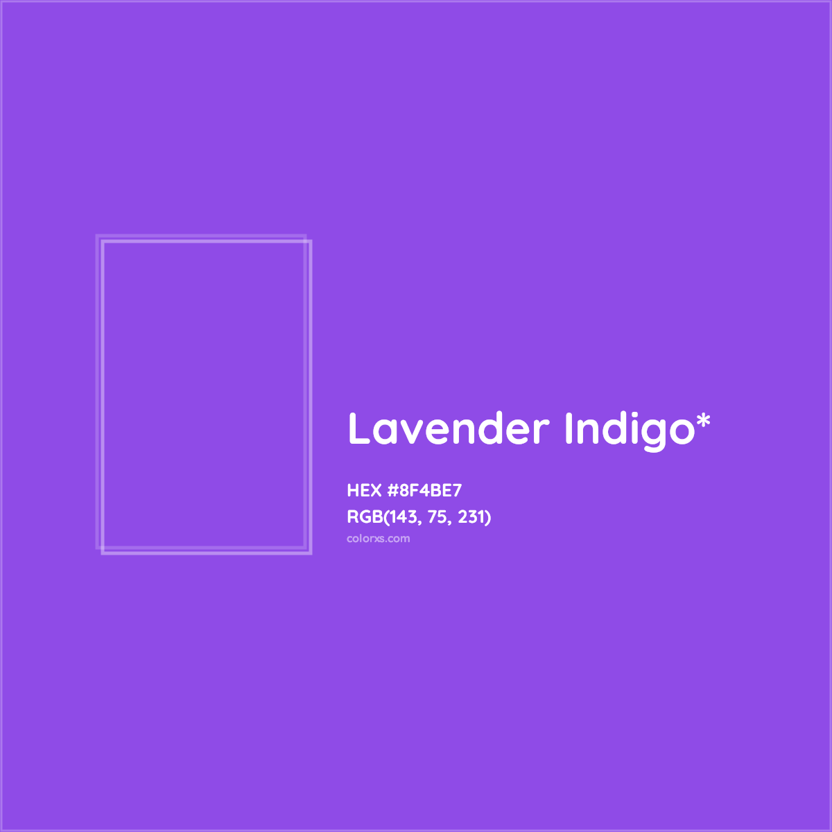 #8F4BE7 hex color. RGB, RYB, CMYK, HSL, HSV codes and color conversions. Matching color names, palettes, paints.