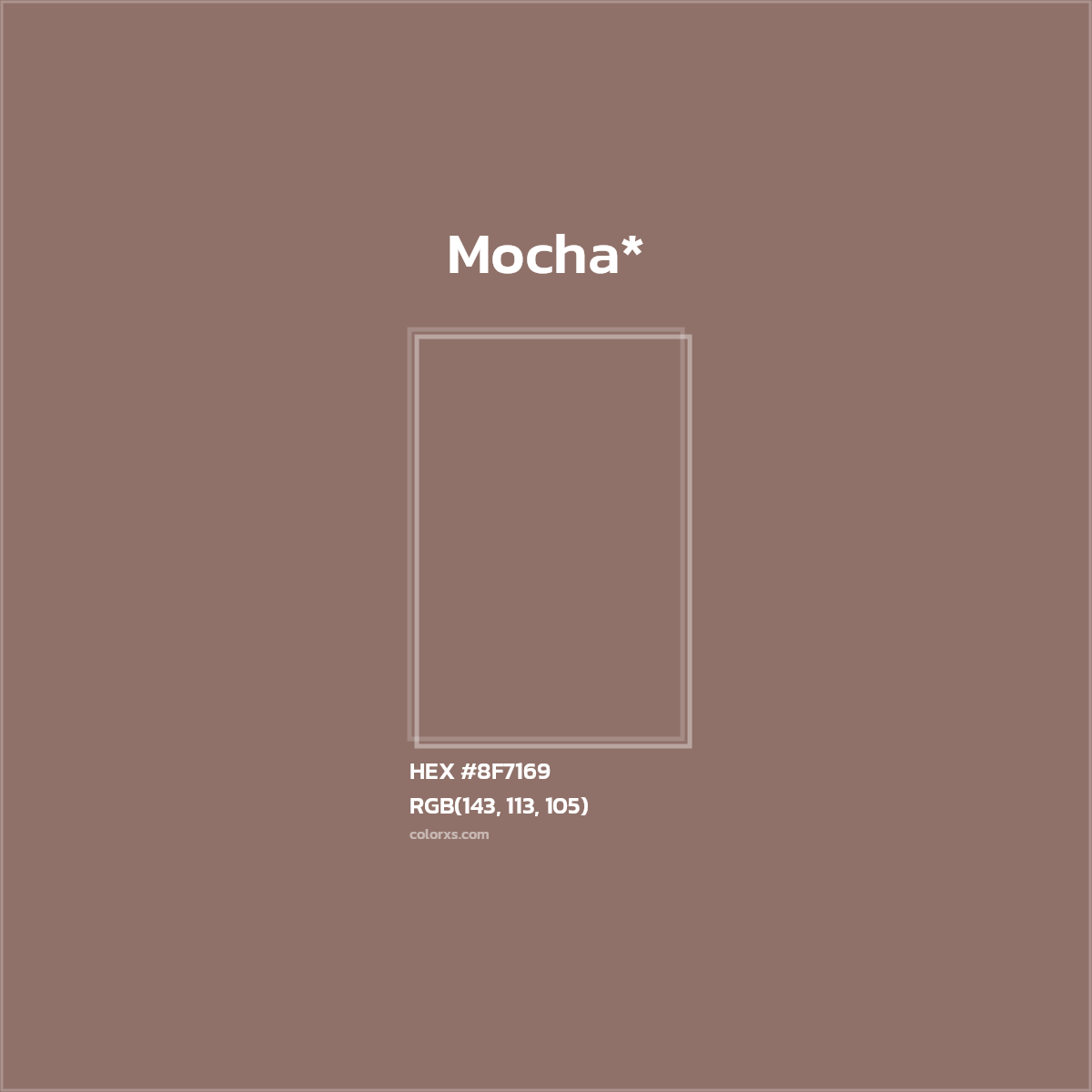 #8F7169 hex color. RGB, RYB, CMYK, HSL, HSV codes and color conversions. Matching color names, palettes, paints.