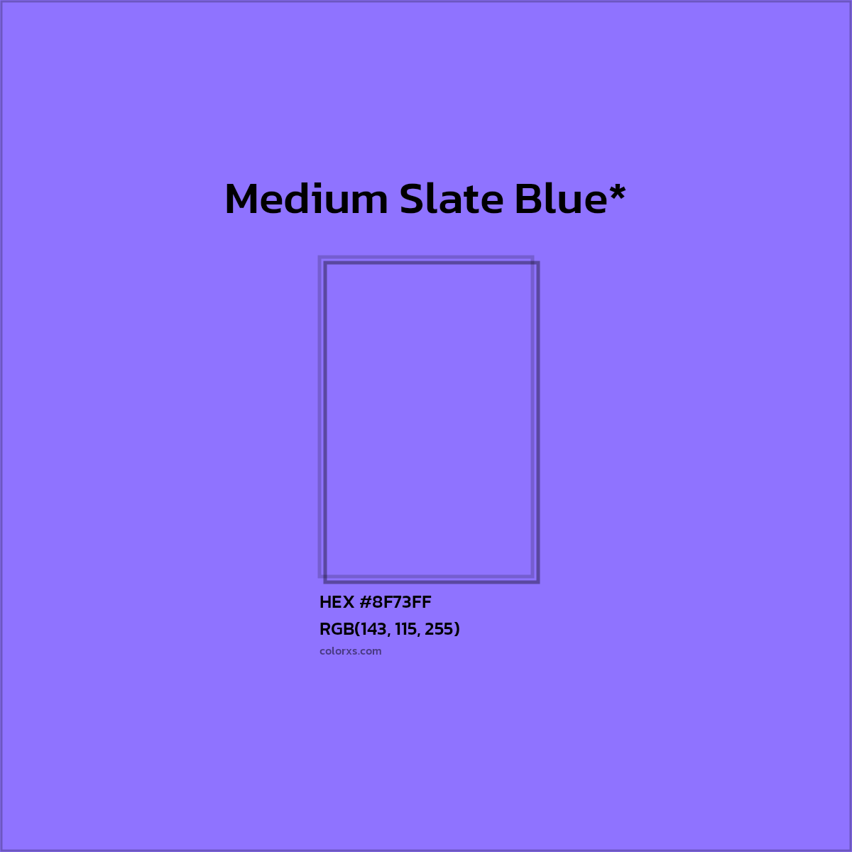 #8F73FF hex color. RGB, RYB, CMYK, HSL, HSV codes and color conversions. Matching color names, palettes, paints.