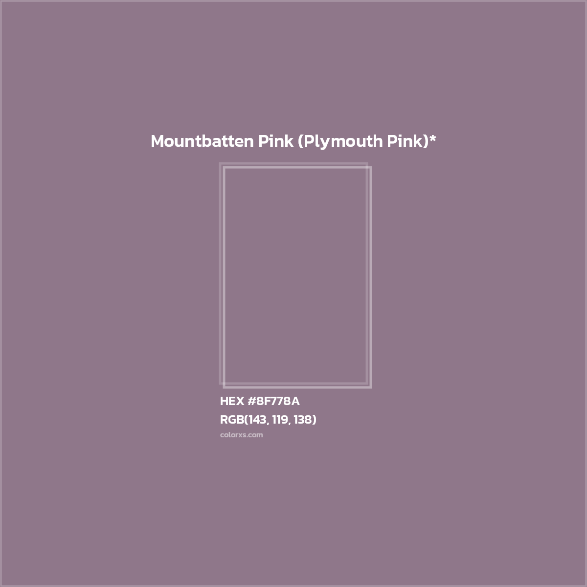 #8F778A hex color. RGB, RYB, CMYK, HSL, HSV codes and color conversions. Matching color names, palettes, paints.