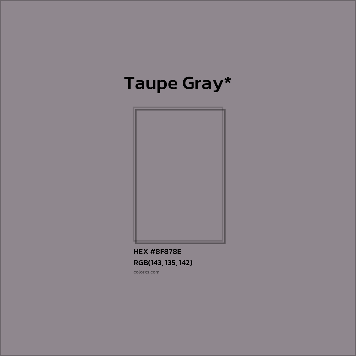 #8F878E hex color. RGB, RYB, CMYK, HSL, HSV codes and color conversions. Matching color names, palettes, paints.
