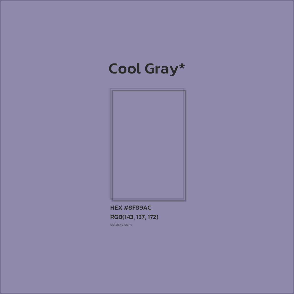 #8F89AC hex color. RGB, RYB, CMYK, HSL, HSV codes and color conversions. Matching color names, palettes, paints.