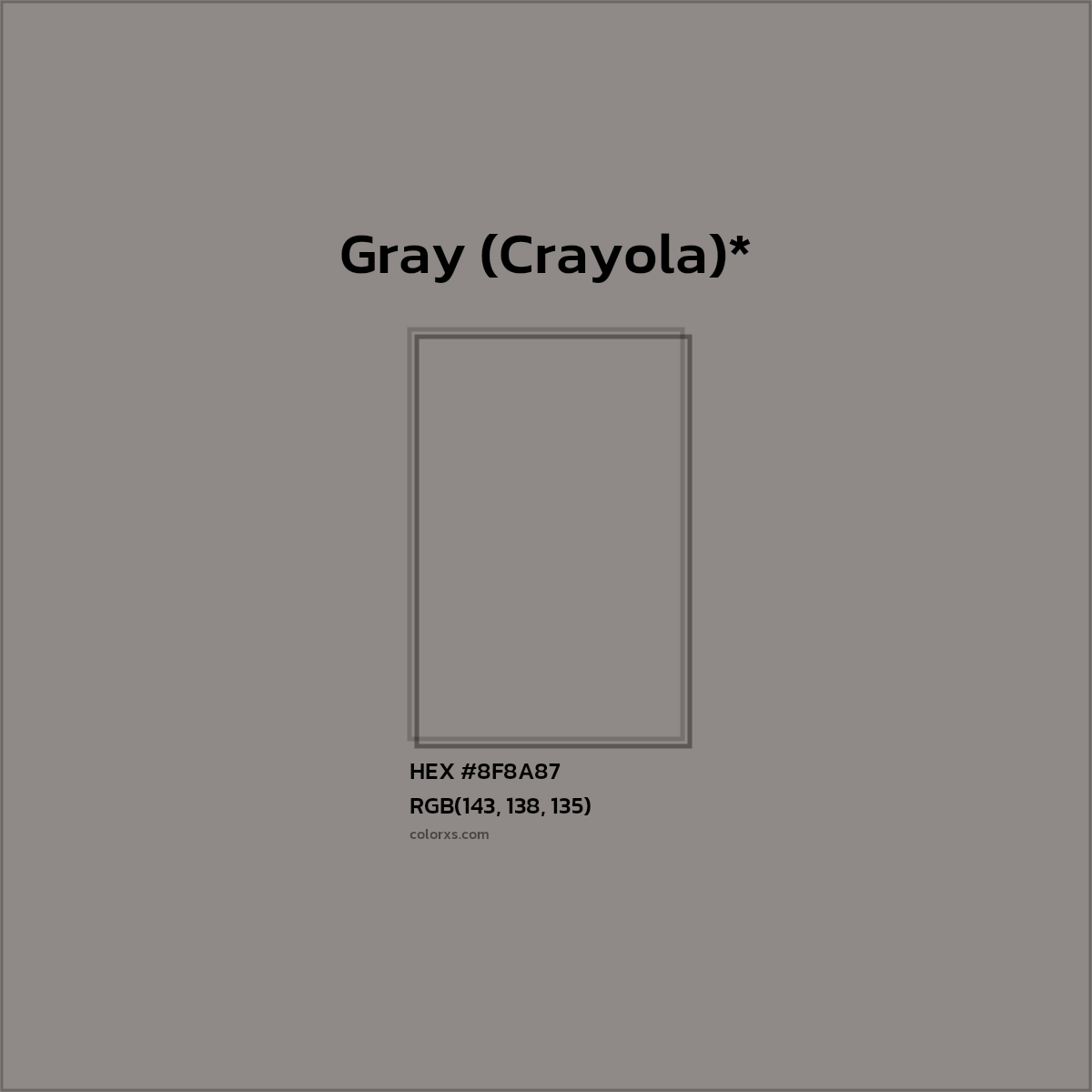 #8F8A87 hex color. RGB, RYB, CMYK, HSL, HSV codes and color conversions. Matching color names, palettes, paints.