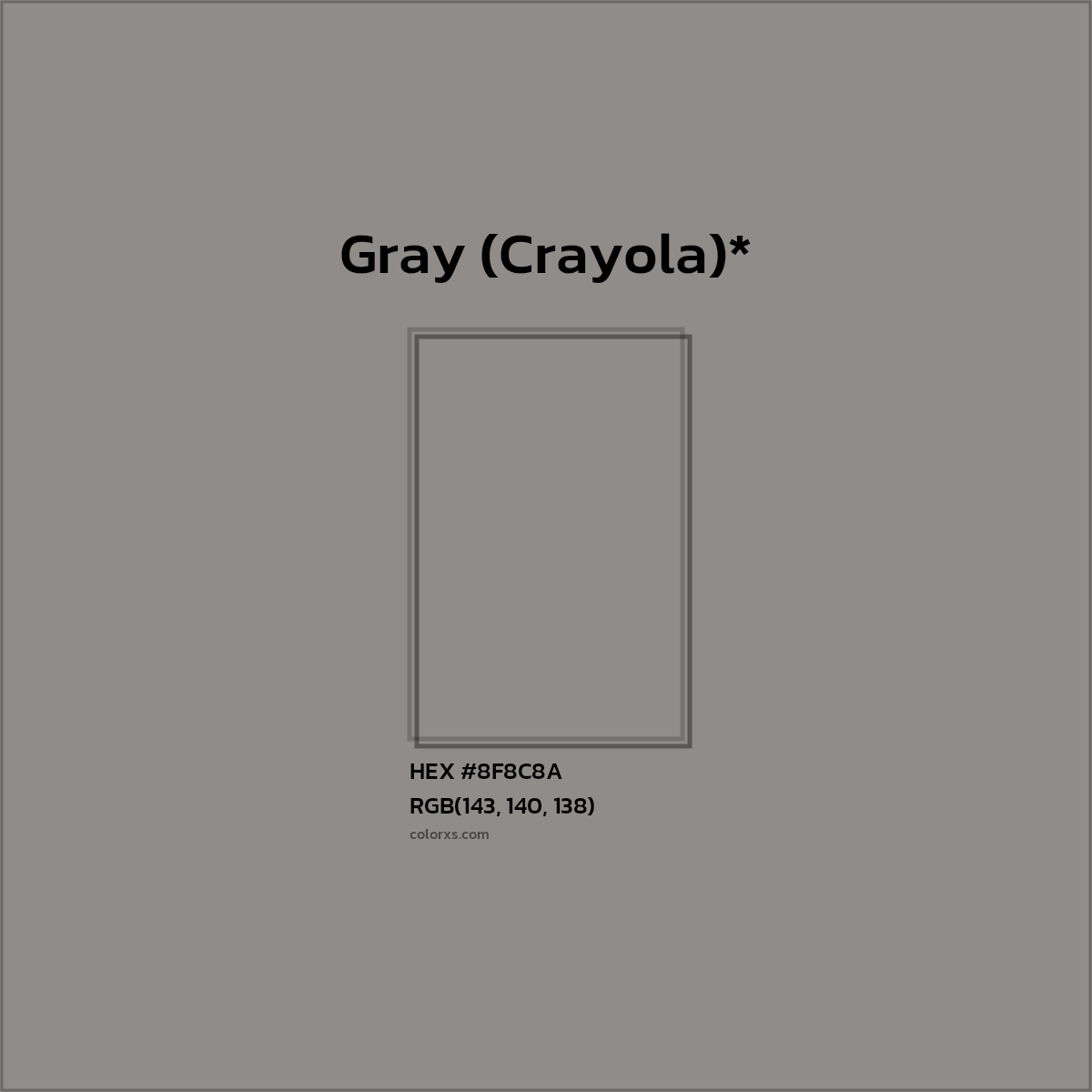 #8F8C8A hex color. RGB, RYB, CMYK, HSL, HSV codes and color conversions. Matching color names, palettes, paints.