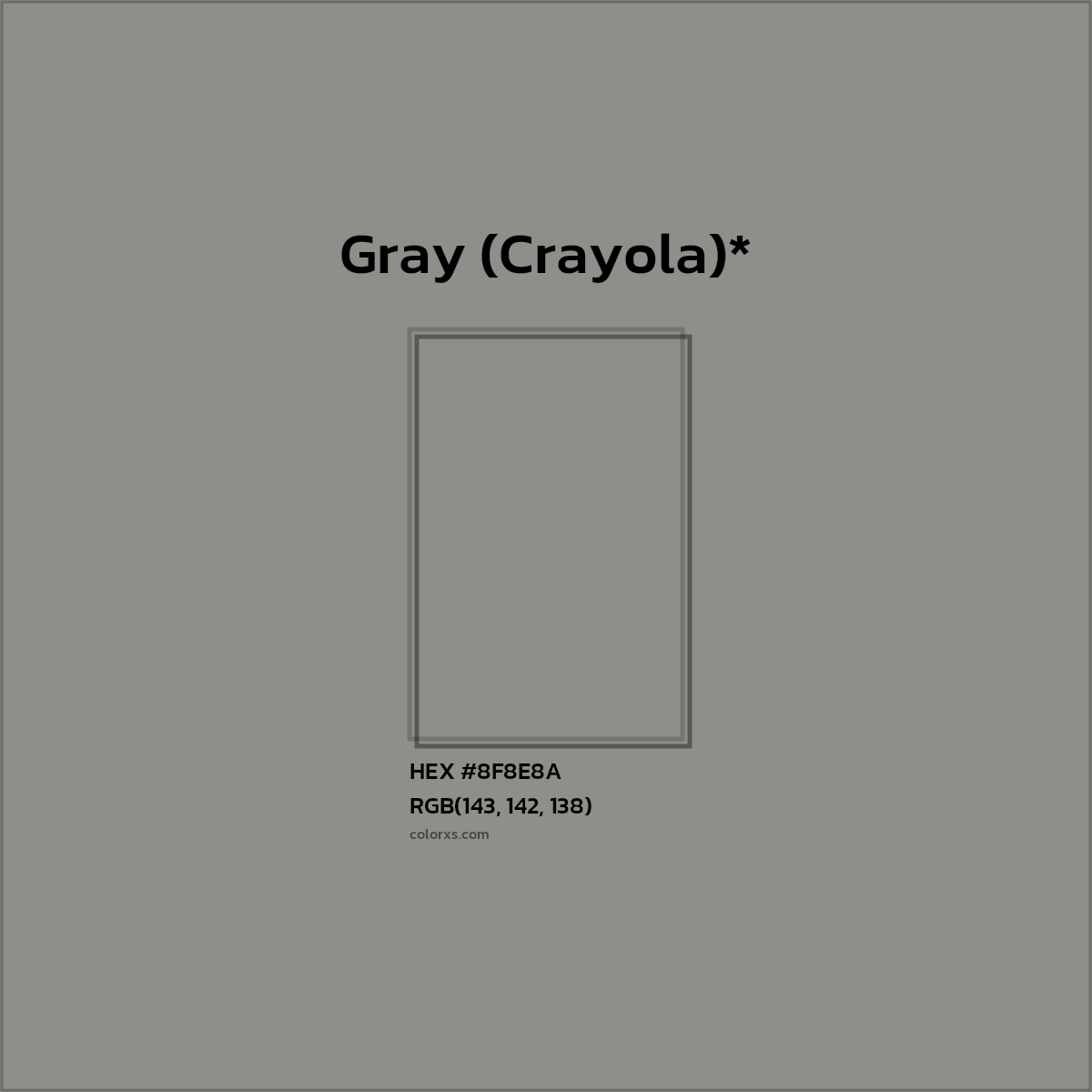 #8F8E8A hex color. RGB, RYB, CMYK, HSL, HSV codes and color conversions. Matching color names, palettes, paints.