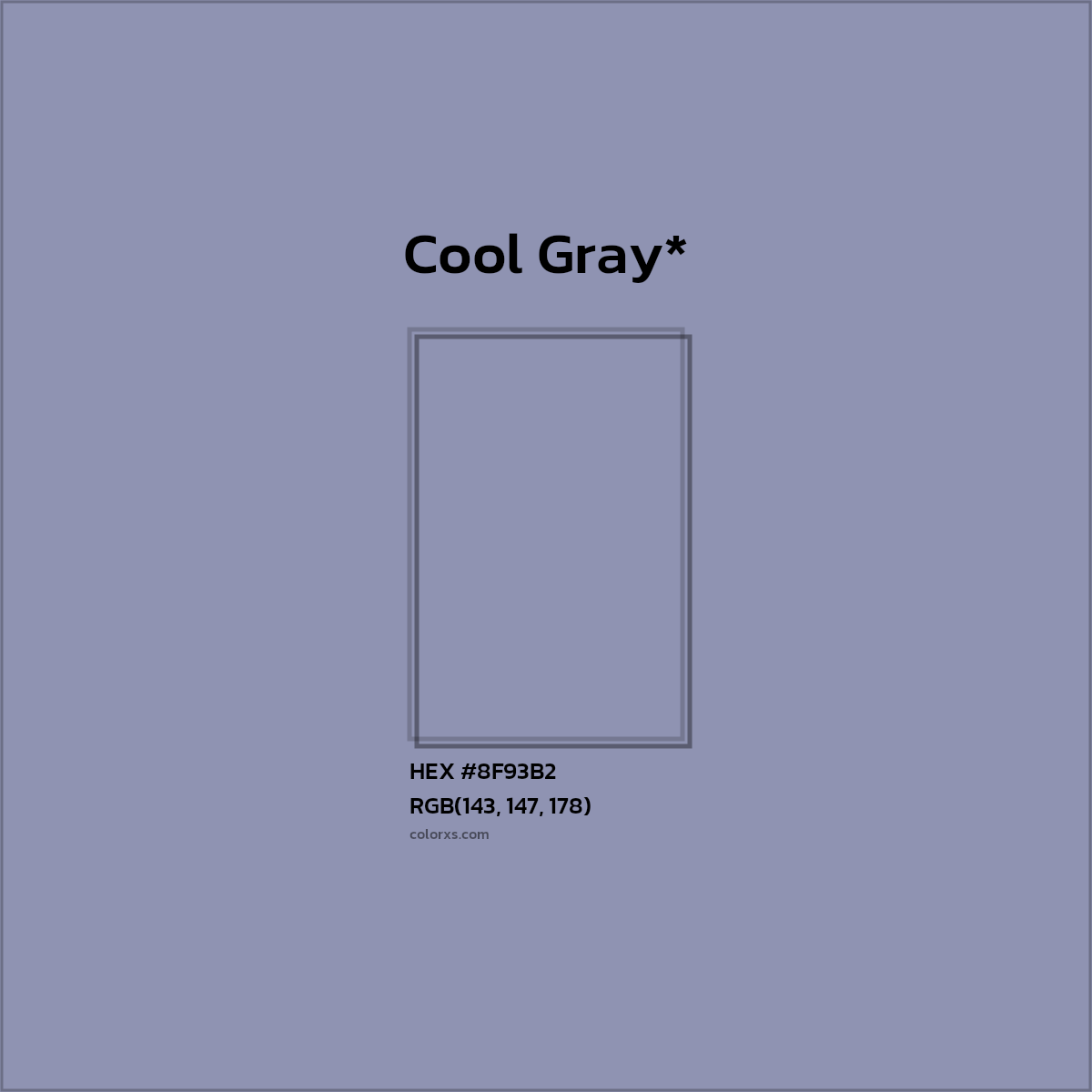 #8F93B2 hex color. RGB, RYB, CMYK, HSL, HSV codes and color conversions. Matching color names, palettes, paints.