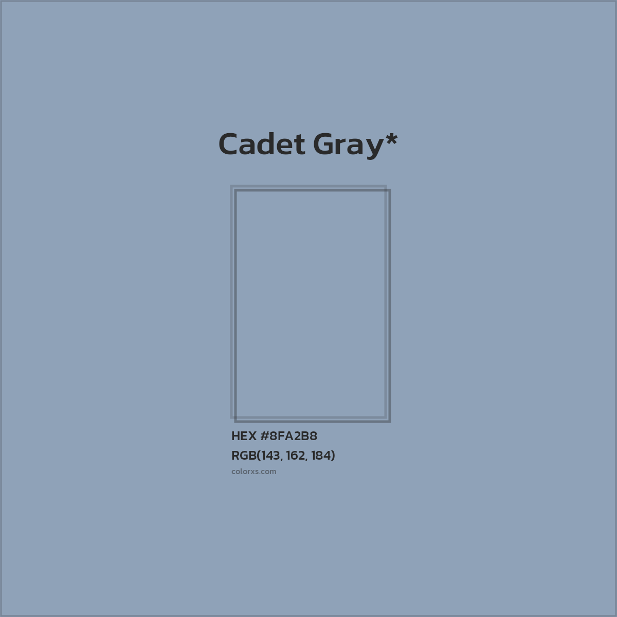 #8FA2B8 hex color. RGB, RYB, CMYK, HSL, HSV codes and color conversions. Matching color names, palettes, paints.