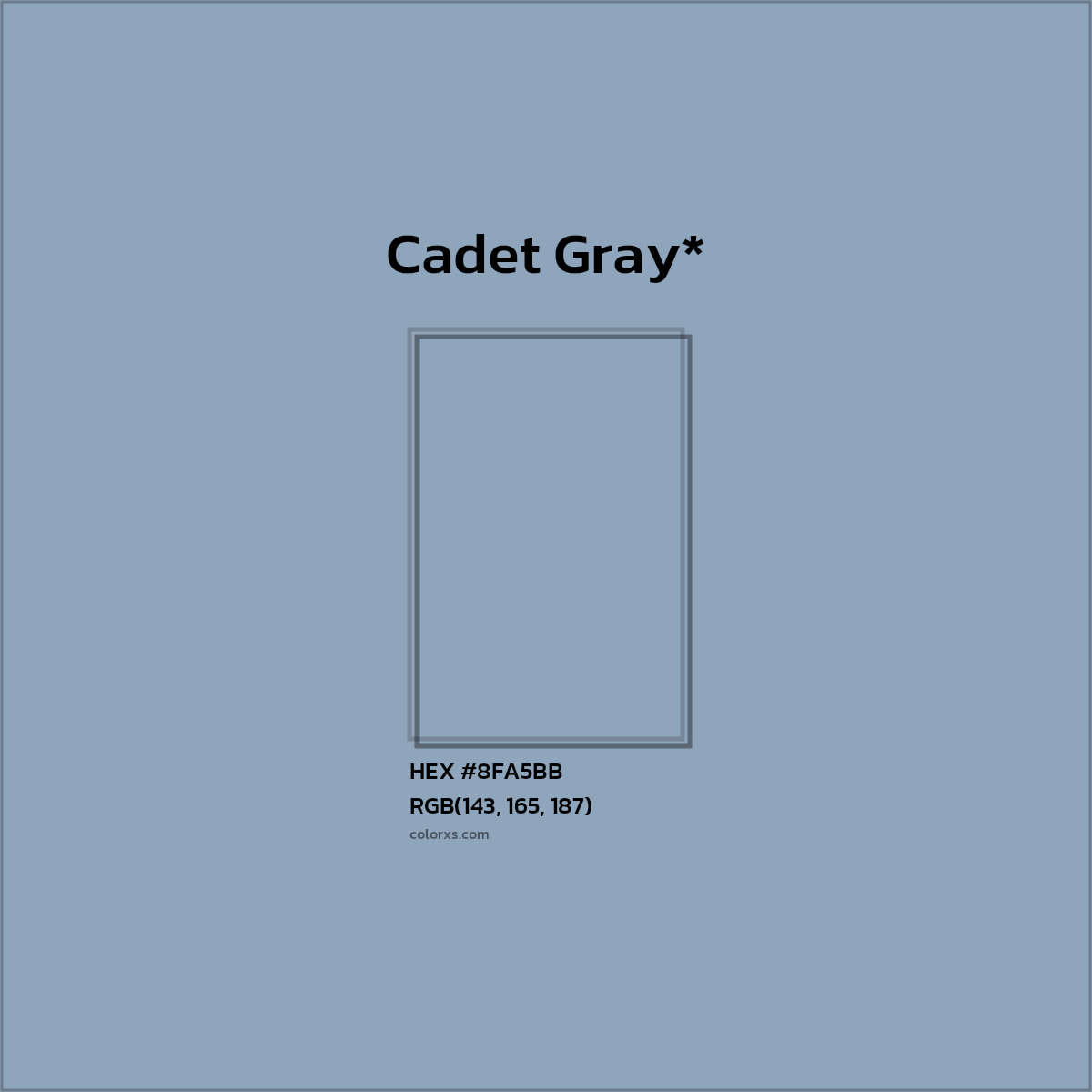 #8FA5BB hex color. RGB, RYB, CMYK, HSL, HSV codes and color conversions. Matching color names, palettes, paints.