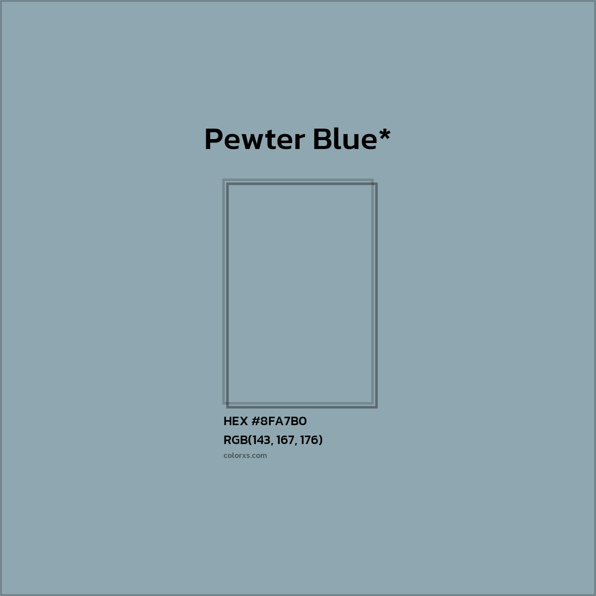 #8FA7B0 hex color. RGB, RYB, CMYK, HSL, HSV codes and color conversions. Matching color names, palettes, paints.