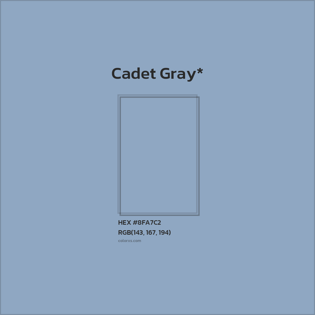 #8FA7C2 hex color. RGB, RYB, CMYK, HSL, HSV codes and color conversions. Matching color names, palettes, paints.