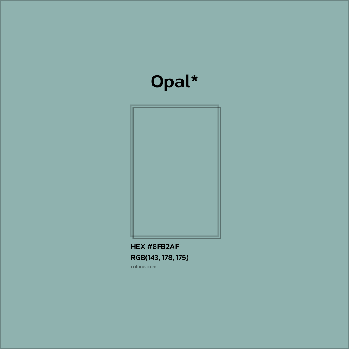 #8FB2AF hex color. RGB, RYB, CMYK, HSL, HSV codes and color conversions. Matching color names, palettes, paints.