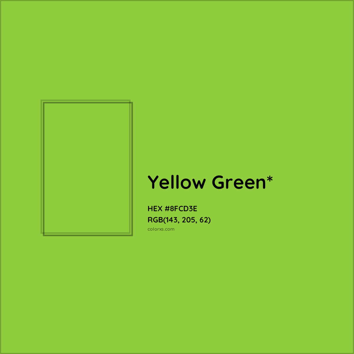 #8FCD3E hex color. RGB, RYB, CMYK, HSL, HSV codes and color conversions. Matching color names, palettes, paints.