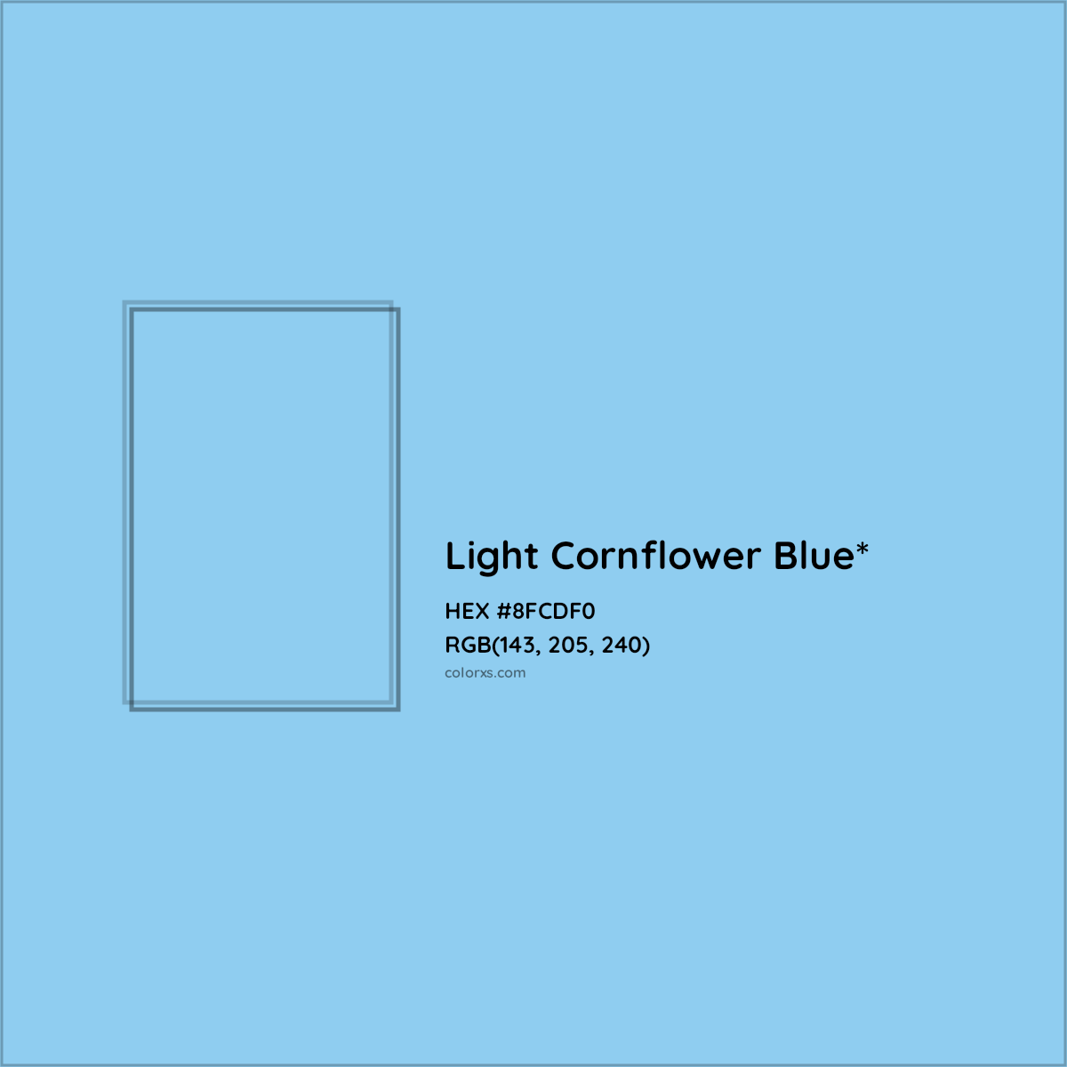 #8FCDF0 hex color. RGB, RYB, CMYK, HSL, HSV codes and color conversions. Matching color names, palettes, paints.