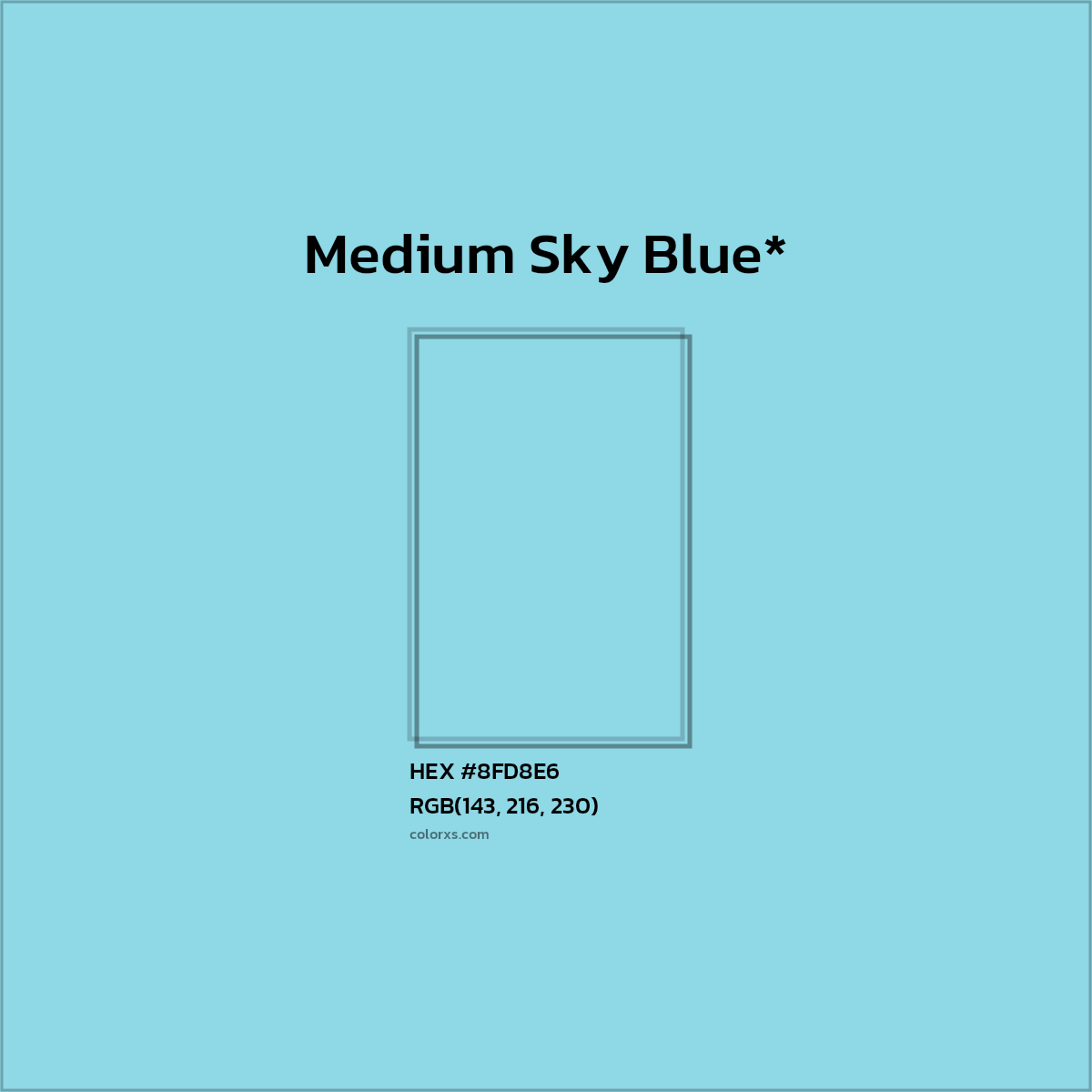 #8FD8E6 hex color. RGB, RYB, CMYK, HSL, HSV codes and color conversions. Matching color names, palettes, paints.