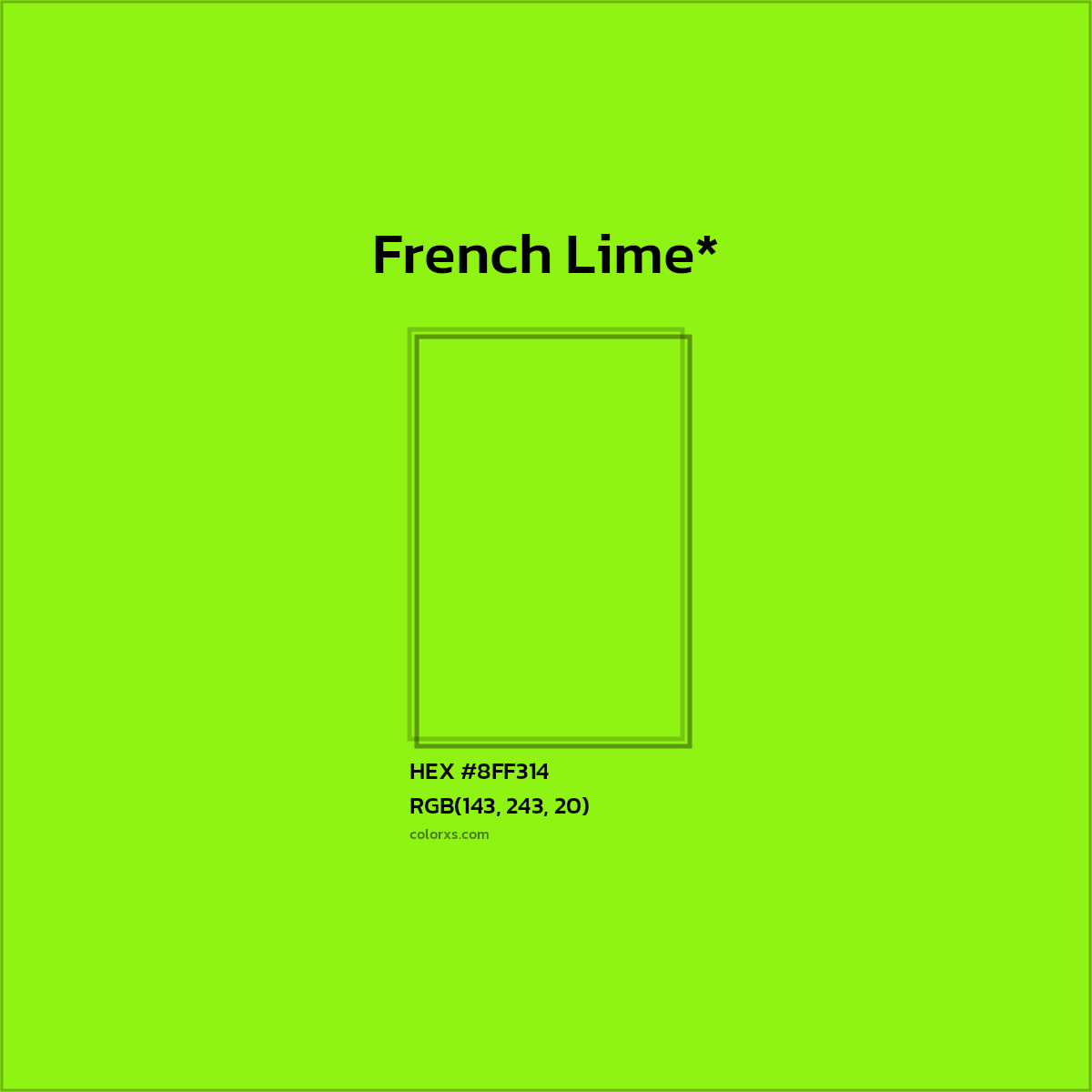 #8FF314 hex color. RGB, RYB, CMYK, HSL, HSV codes and color conversions. Matching color names, palettes, paints.