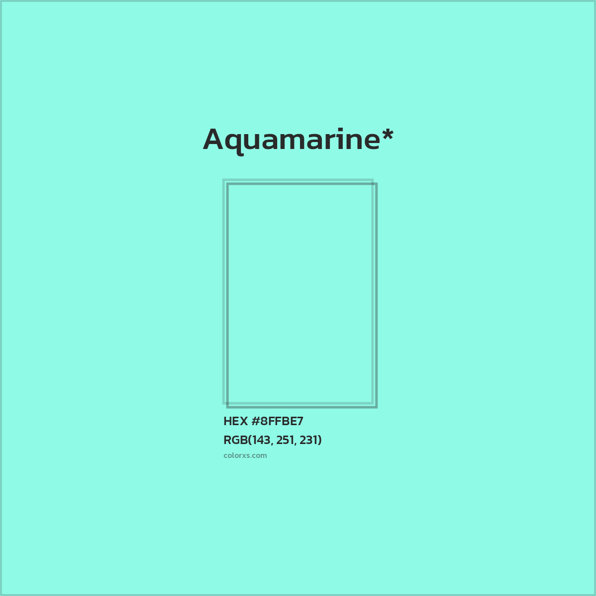 #8FFBE7 hex color. RGB, RYB, CMYK, HSL, HSV codes and color conversions. Matching color names, palettes, paints.