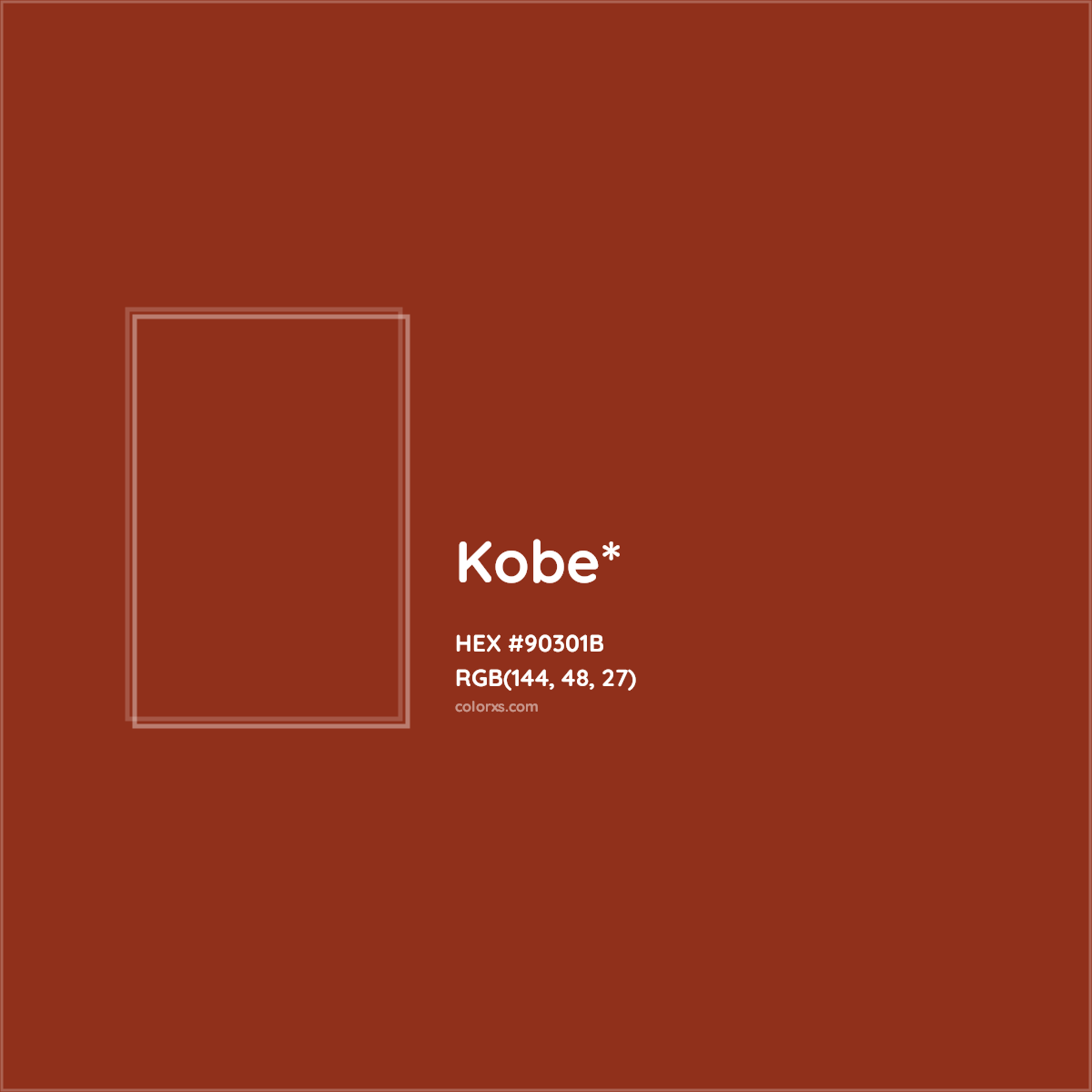 #90301B hex color. RGB, RYB, CMYK, HSL, HSV codes and color conversions. Matching color names, palettes, paints.