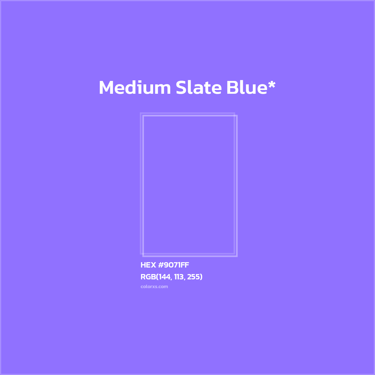 #9071FF hex color. RGB, RYB, CMYK, HSL, HSV codes and color conversions. Matching color names, palettes, paints.