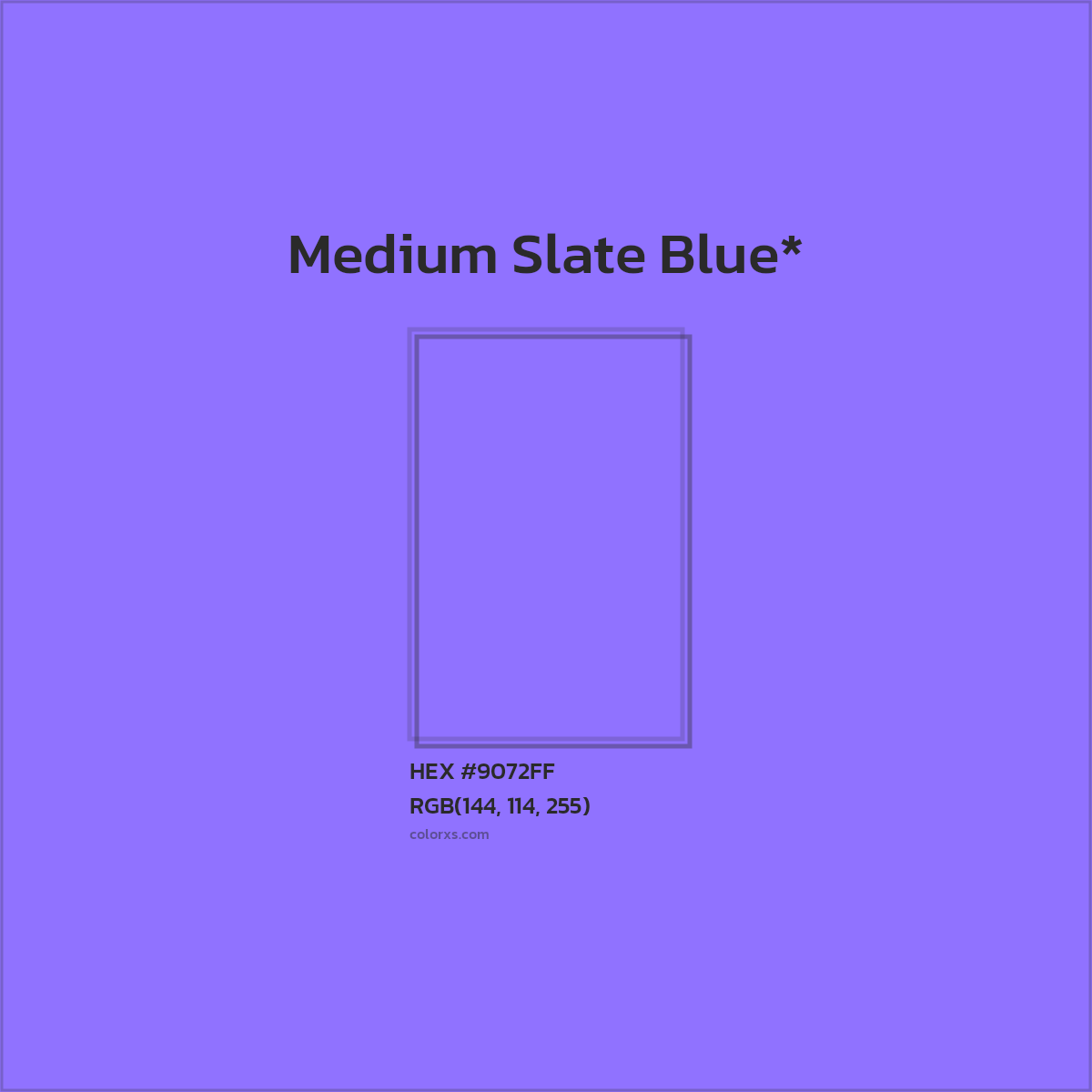 #9072FF hex color. RGB, RYB, CMYK, HSL, HSV codes and color conversions. Matching color names, palettes, paints.