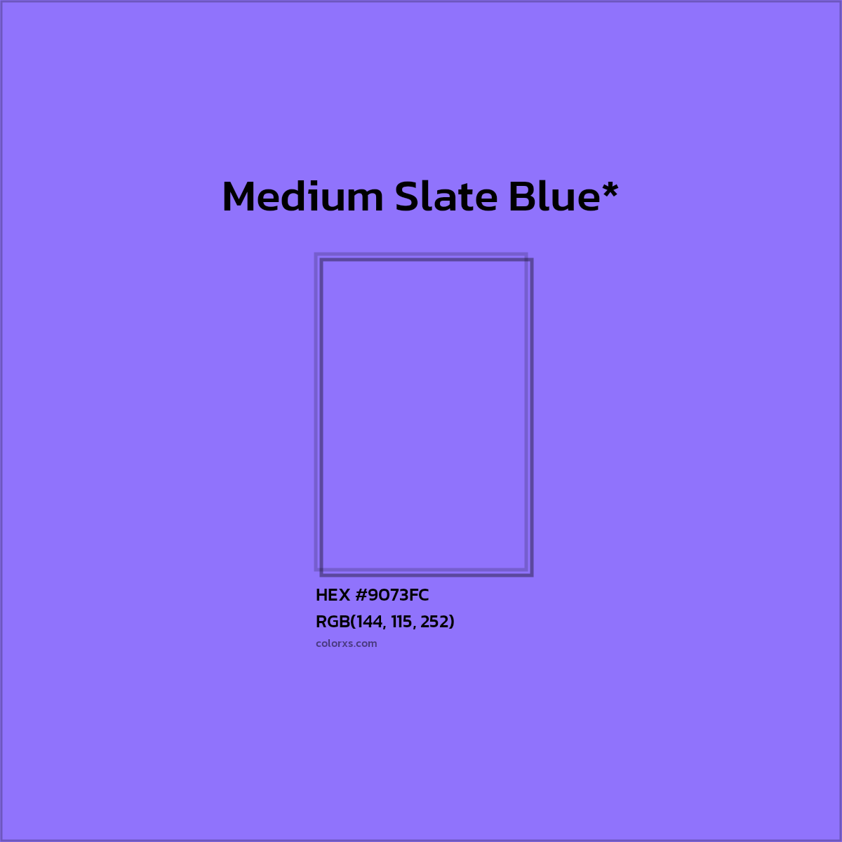 #9073FC hex color. RGB, RYB, CMYK, HSL, HSV codes and color conversions. Matching color names, palettes, paints.