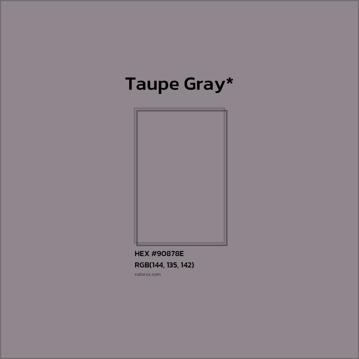 #90878E hex color. RGB, RYB, CMYK, HSL, HSV codes and color conversions. Matching color names, palettes, paints.